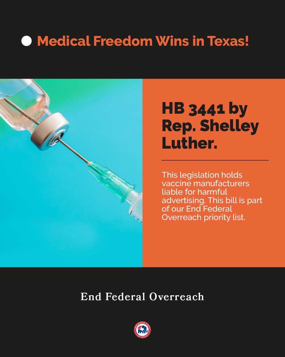 Texas GOP (@texasgop) on Twitter photo 🚨 Another Legislative Victory for Medical Freedom and our End Federal Overreach Priority!🚨
HB 3441, introduced by Rep. <a href="/ShelleyLuther/">Shelley Luther</a>, has passed. It holds vaccine manufacturers liable if they advertise a harmful vaccine.
This bill holds vaccine manufacturers who advertise 🚨 Another Legislative Victory for Medical Freedom and our End Federal Overreach Priority!🚨
HB 3441, introduced by Rep. <a href="/ShelleyLuther/">Shelley Luther</a>, has passed. It holds vaccine manufacturers liable if they advertise a harmful vaccine.
This bill holds vaccine manufacturers who advertise