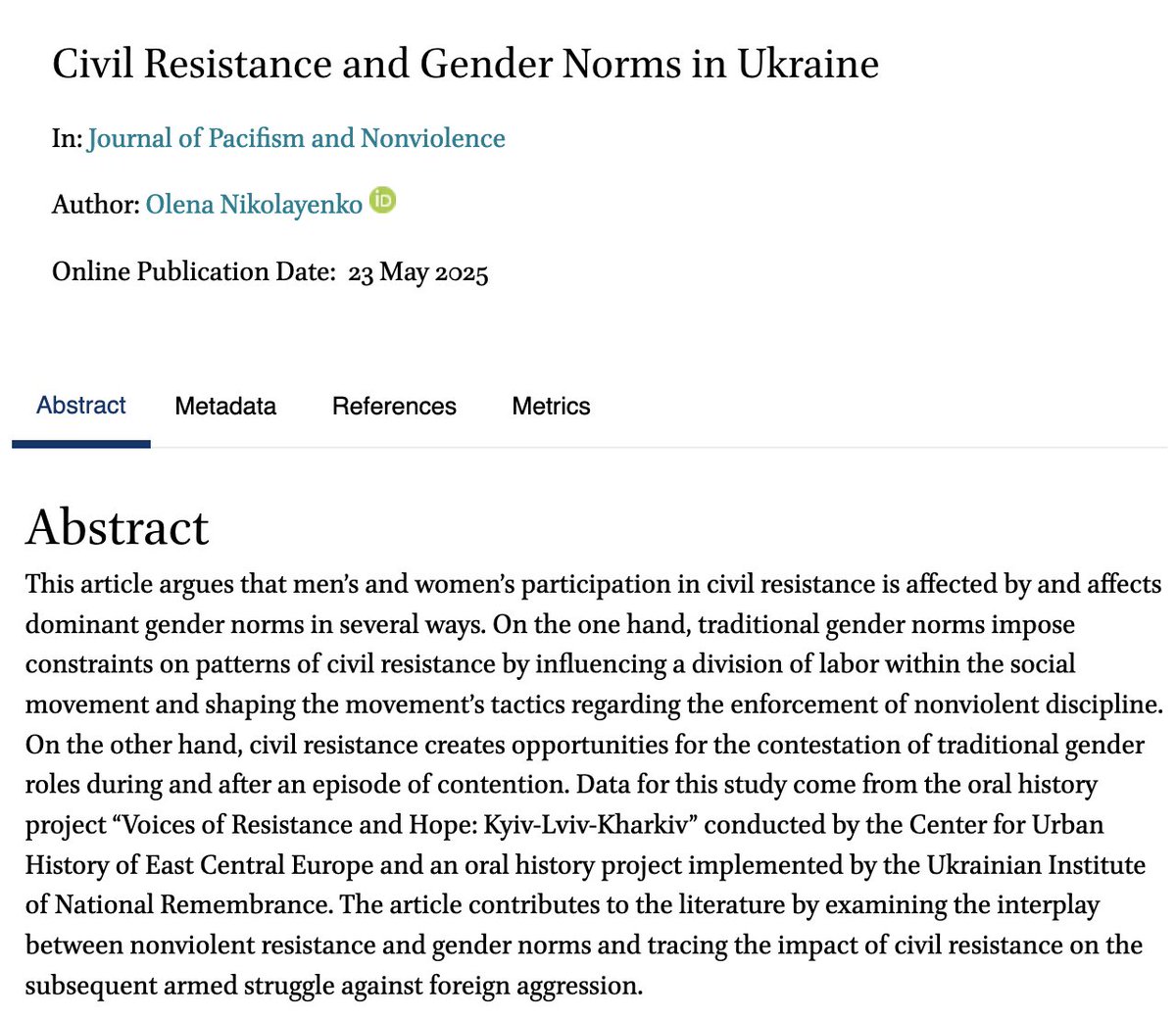 jpacnv's tweet image. 📰Olena Nikolayenko examines interplay between #gender norms & nonviolent/civil resistance in Ukraine's #Euromaidan: how they are contested but also how they constrain patterns of resistance doi.org/10.1163/277278…
