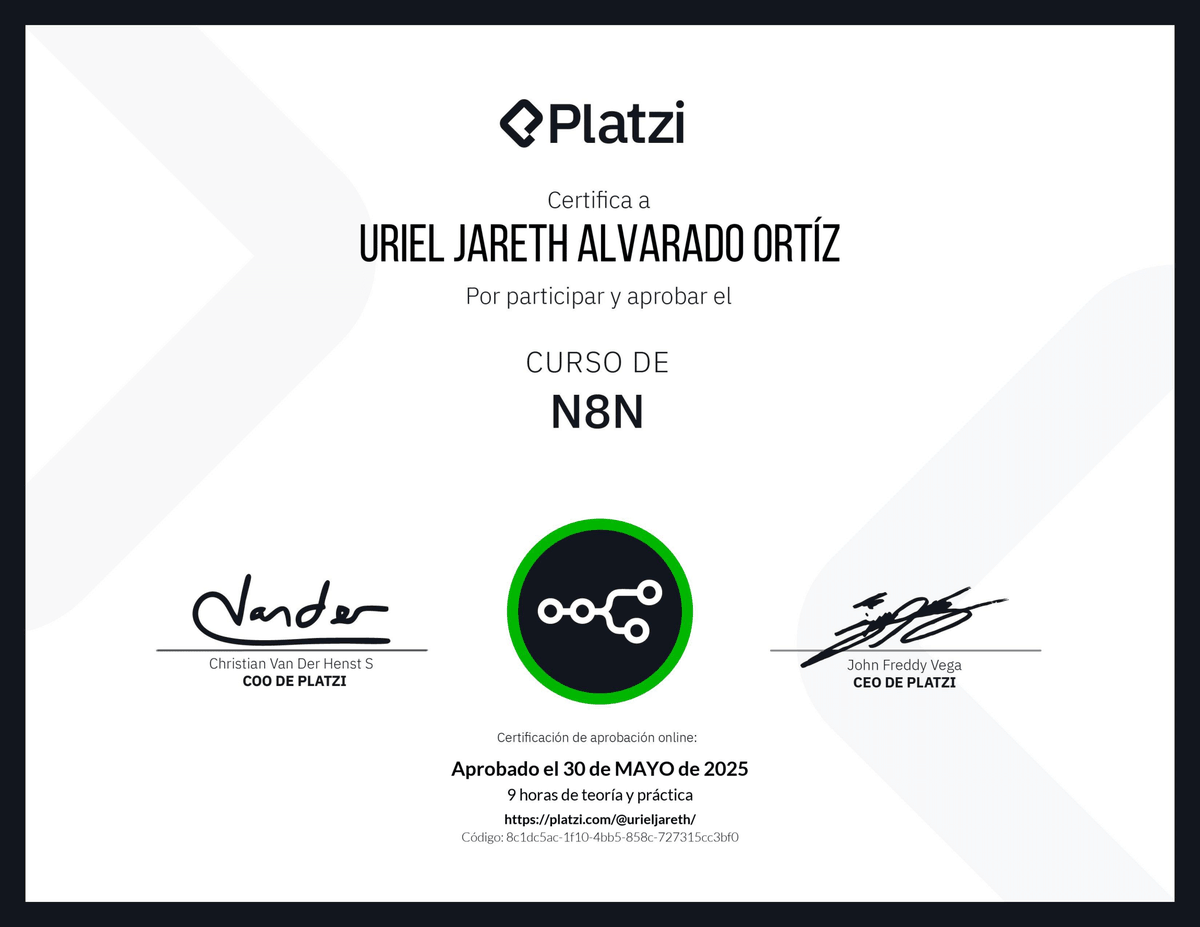 urieljareth's tweet photo. ¡Aprobé el Curso de @n8n_io  en @Platzi! Tenia mucho tiempo esperando este curso y quede muy satisfecho de poder hacer varios casos prácticos en el mismo curso. Ahora estoy más animado en seguir usando n8n
#NuncaParesDeAprender https://t.co/X4pA1Bla9G https://t.co/w2DT5jVC7I