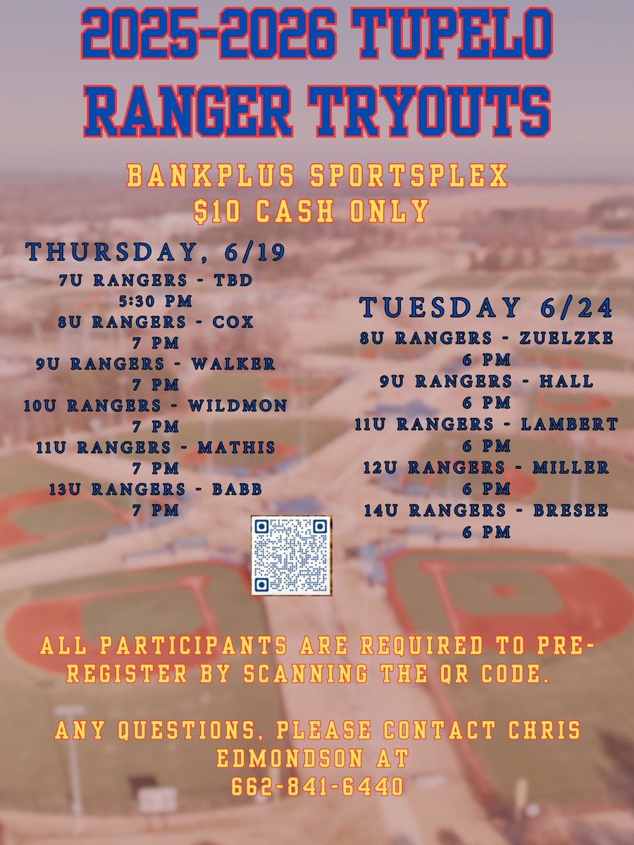 TYBABaseball's tweet image. Want to play for the Tupelo Rangers?   Now is your chance!  Pre-register by clicking the link below or scanning the QR code.  You can register to try out for both teams within your age group!

2025-2026 Ranger Tryout Information 
forms.gle/4sftTYiHJq5Mp1…