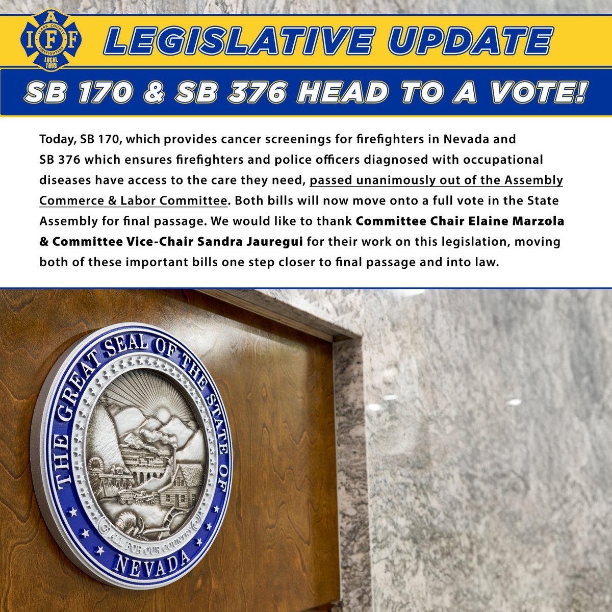 Local 1908 (@proudtorescue) on Twitter photo Today, both SB 170 and SB 376 passed unanimously out of the Assembly Commerce & Labor Committee. Thank you, Committee Chair <a href="/elainemarzola/">Assemblywoman Elaine Marzola</a> and Vice-Chair <a href="/sandra4nv/">Sandra Jauregui</a>! After already passing the State Senate, both bills will now move onto the full Assembly for a final vote. Today, both SB 170 and SB 376 passed unanimously out of the Assembly Commerce & Labor Committee. Thank you, Committee Chair <a href="/elainemarzola/">Assemblywoman Elaine Marzola</a> and Vice-Chair <a href="/sandra4nv/">Sandra Jauregui</a>! After already passing the State Senate, both bills will now move onto the full Assembly for a final vote.