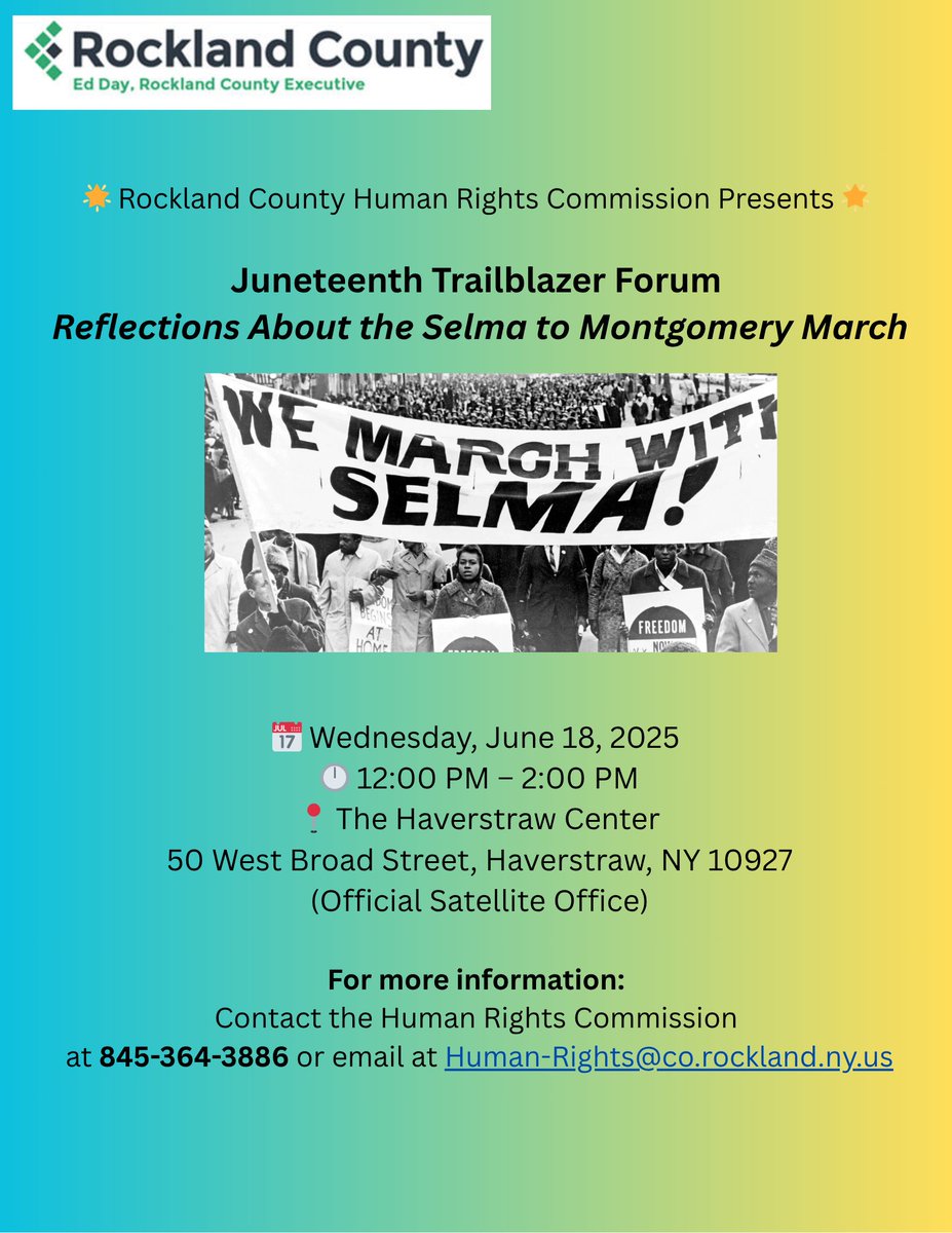 rocklandgov (@rocklandgov) on Twitter photo To celebrate Juneteenth, the Rockland Human Rights Commission invites all to attend a Juneteenth Trailblazer Forum on Wednesday, June 18th, 12 pm - 2 pm at the Haverstraw Center.
For info, call the Human Rights Commission at 845-364-3886 or human-rights@co.rockland.ny.us. To celebrate Juneteenth, the Rockland Human Rights Commission invites all to attend a Juneteenth Trailblazer Forum on Wednesday, June 18th, 12 pm - 2 pm at the Haverstraw Center.
For info, call the Human Rights Commission at 845-364-3886 or human-rights@co.rockland.ny.us.