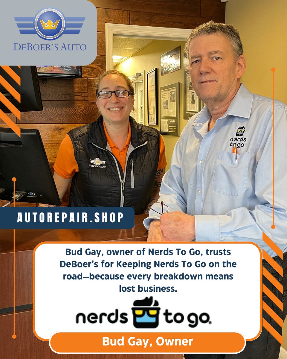 DeBoersAuto's tweet image. Bud Gay of Nerds To Go trusts DeBoer’s Auto to keep his fleet and personal vehicles running—because every breakdown means lost business. 🛠️🚐 #FleetService #DeBoersAuto #BusinessOnTheGo #NoBreakdownsJustBusiness