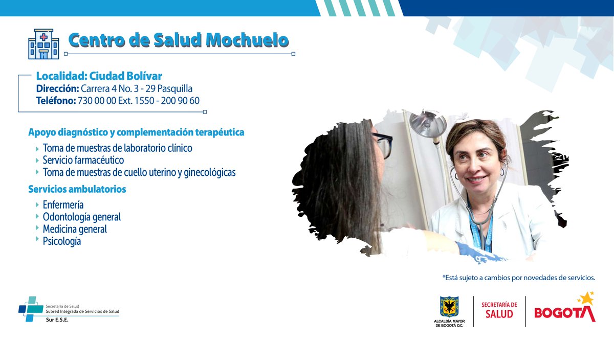 #Salud | ⚕️ @subredsur ofrece varios servicios en el Centro de Servicio de Salud Mochuelo, en la localidad de Ciudad Bolívar 🏥. Conoce cuáles son en la imagen. #Servicios #Derechos #Cuidado
