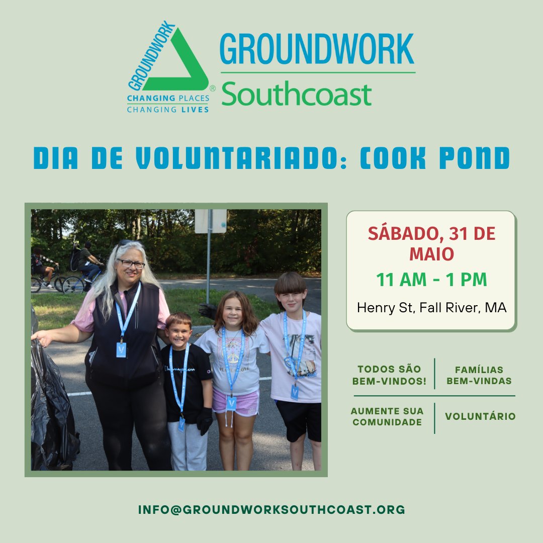 ⭐️ Join us TOMORROW (Sat 5/31) from 11AM–1PM at Cook Pond in #FallRiver #MA!

Help clean trails, pick up litter &amp; get the park ready for summer ☀️🌱
Meet the Groundwork team &amp; build community!

📍 Henry St, Fall River, #Massachusetts
All are welcome!
