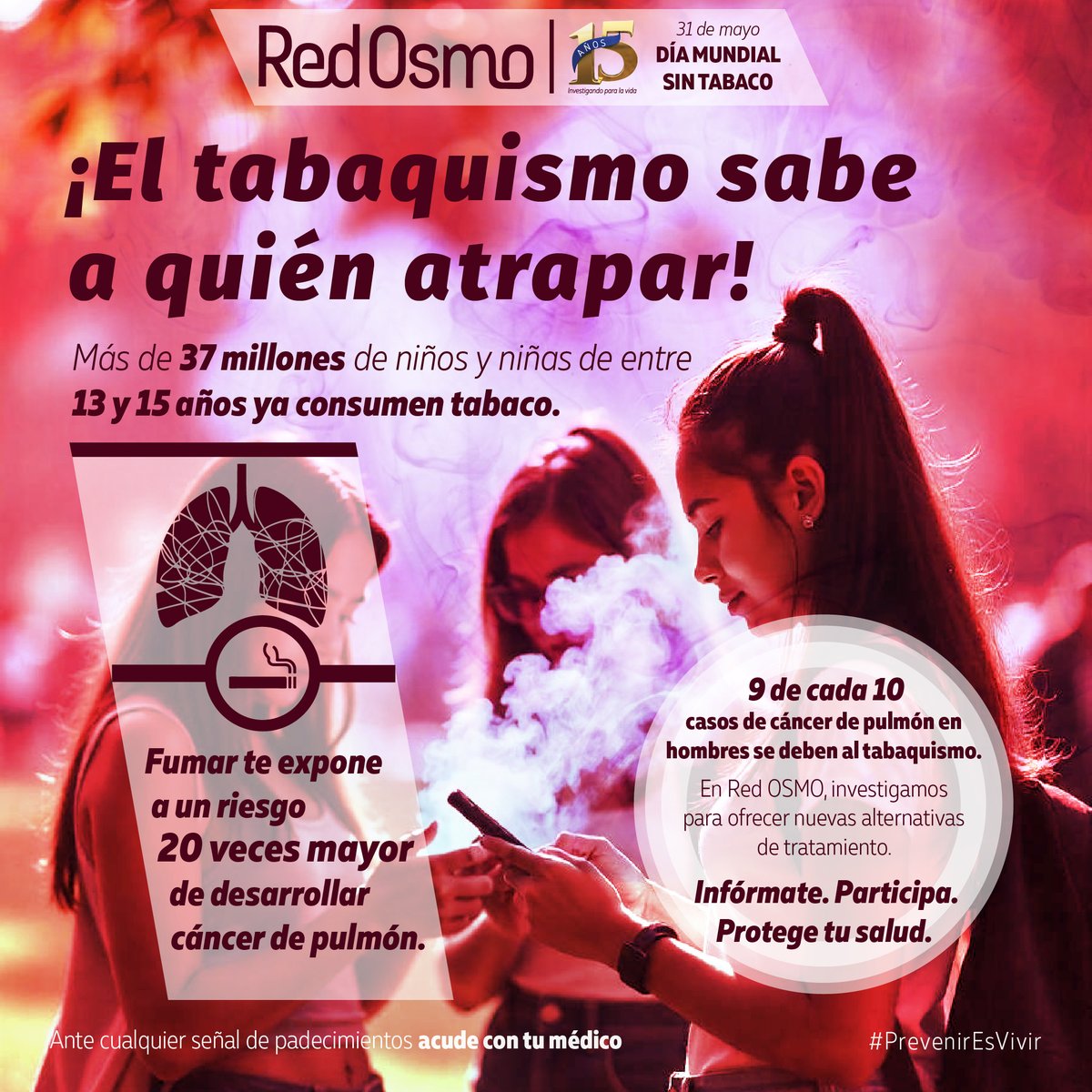 OSMOmx's tweet photo. El daño es real: fumar te expone a un riesgo 20 veces mayor de desarrollar cáncer de pulmón.
🔬 Hoy, #DíaMundialSinTabaco, en #RedOSMO, luchamos contra el #CáncerDePulmón investigando para ofrecer nuevas alternativas de tratamiento.
💬 Infórmate. Participa. Protege tu salud. https://t.co/rzHaFQzI93