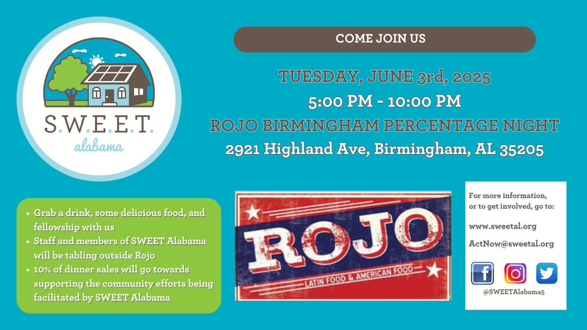 Come join us on Tuesday at Rojo Birmingham! #FoodAndFriends #EnergyEquity #PercentageNight