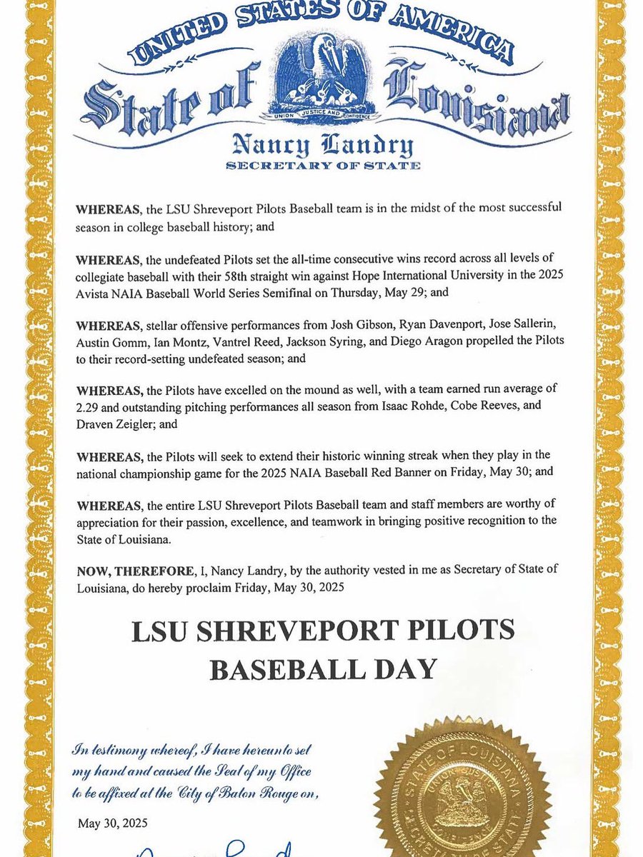 Today, the State of Louisiana celebrates <a href="/LSUS_Baseball/">𝙇𝙎𝙐 𝙎𝙝𝙧𝙚𝙫𝙚𝙥𝙤𝙧𝙩 𝘽𝙖𝙨𝙚𝙗𝙖𝙡𝙡</a> and proclaim today, LSUS Pilots Baseball Day! 

Don’t forget to tune in to the 2025 NAIA World Series Championship as
LSUS faces Southeastern Fire TONIGHT at 6:30 PM PT/8:30 PM CT on the Urban Edge Network!!