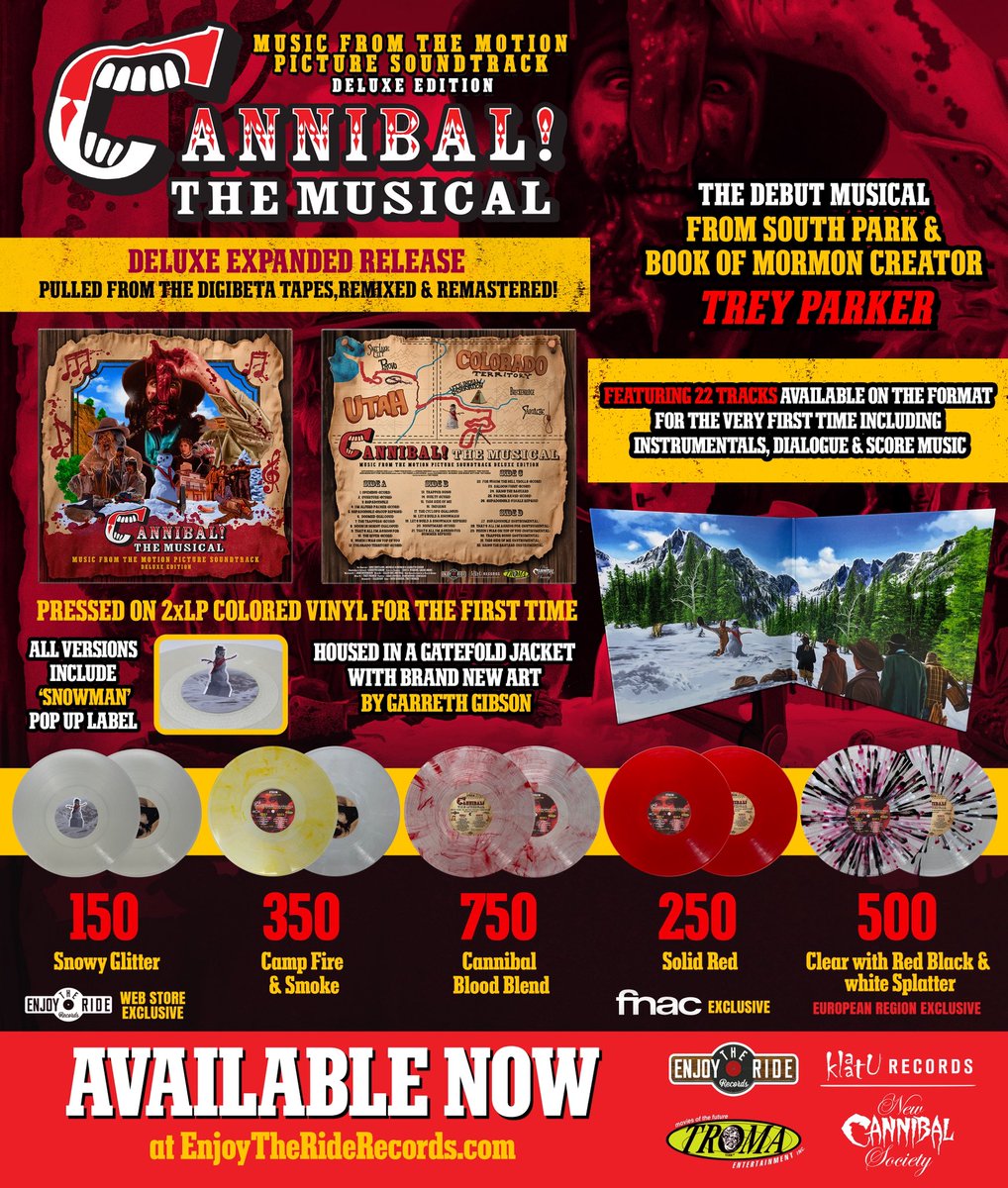 EnjoytherideRES's tweet photo. Now Available @ https://t.co/KZZge31tJV: Cannibal! The Musical, directed by Trey Parker, co-creator of @SouthPark and @TheBookofMormon. New art by @GarrethGibson. 2xLP Expanded Deluxe Vinyl release features 22 additional tracks, including instrumentals, dialogue, and score music. https://t.co/TRwVJ7SOPS