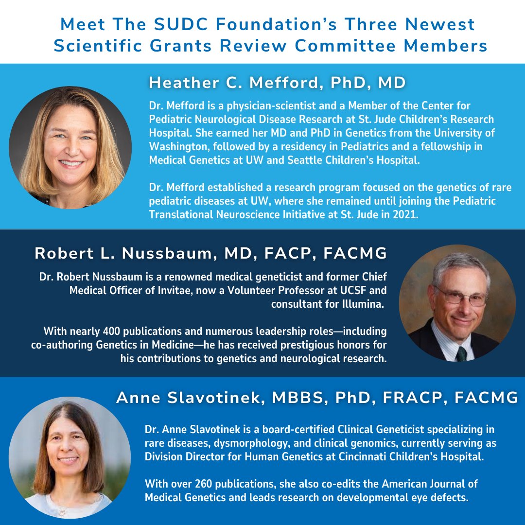We are honored to welcome 3 distinguished experts—Dr. Heather C. Mefford, Dr. Robert L. Nussbaum, and Dr. Anna Slavotinek—to the SUDC Foundation’s Scientific Advisory Board, joining our dedicated Scientific Grants Review Committee and expanding our team of leading researchers.