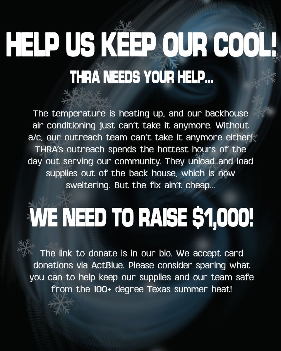 TexasHRA's tweet image. 🔥 The Texas heat is intense; our outreach team feels it daily.
Our A/C unit quit. We need $1,000 to replace it and keep our space cool for this life-saving work. Donate link in bio!. Every dollar helps, and sharing the link helps us a lot.
Thank you in advance
#HarmReduction