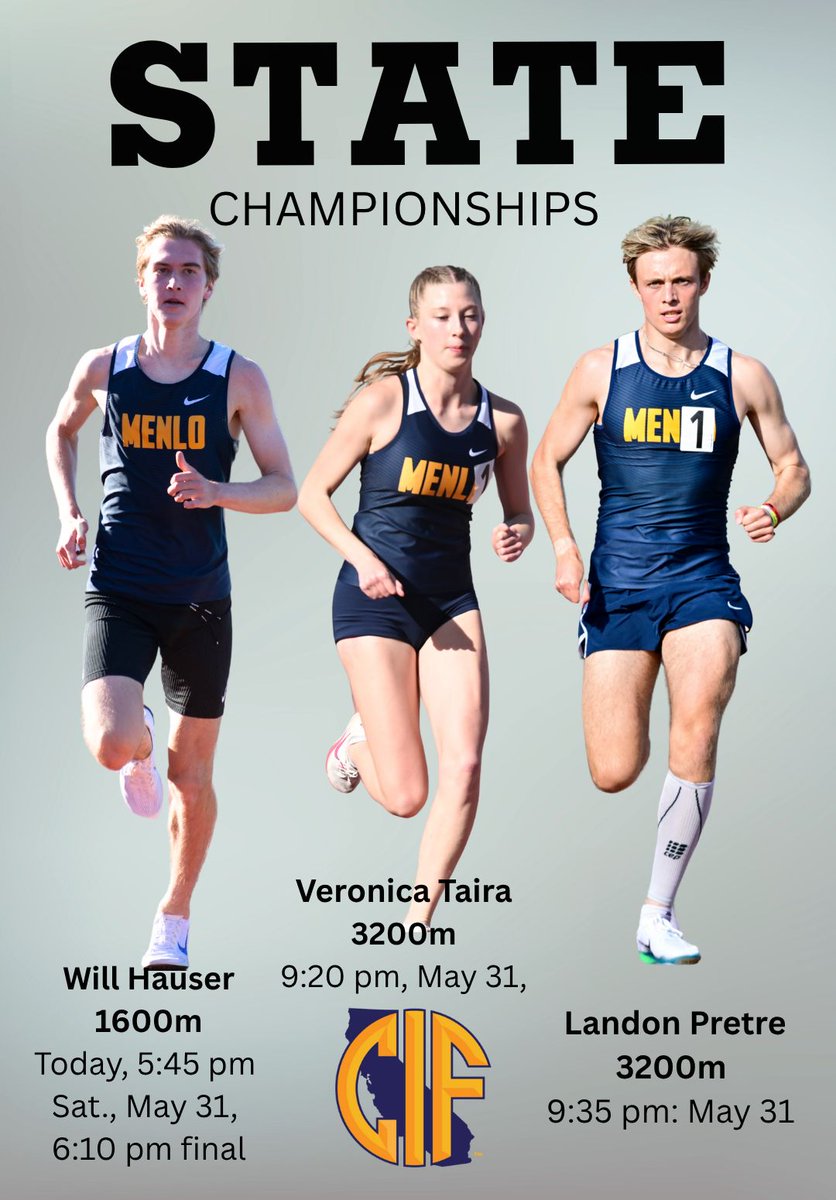 MenloSchoolAthletics (@menloknights) on Twitter photo STATE MEET
The CIF-State Track & Field Championships begin tonight at Buchanan High-Clovis.
Tonight, May 30
5:45 pm - 1600m trials: Will Hauser (Heat 1)
May 31 finals
6:10pm – 1600m
9:20 pm -- 3200m: Veronica Taira
9:35 pm -- 3200m 9:35pm: Landon Pretre
1/2
<a href="/menloschool/">Menlo School</a> STATE MEET
The CIF-State Track & Field Championships begin tonight at Buchanan High-Clovis.
Tonight, May 30
5:45 pm - 1600m trials: Will Hauser (Heat 1)
May 31 finals
6:10pm – 1600m
9:20 pm -- 3200m: Veronica Taira
9:35 pm -- 3200m 9:35pm: Landon Pretre
1/2
<a href="/menloschool/">Menlo School</a>