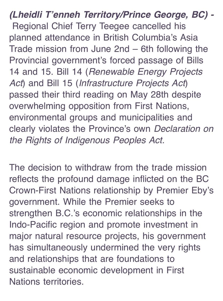 NEW - BC Assembly of First Nations Terry Teegee is pulling out of Premier David Eby’s Asia trade mission because of bills 14 and 15. The fallout continues

#bcpoli