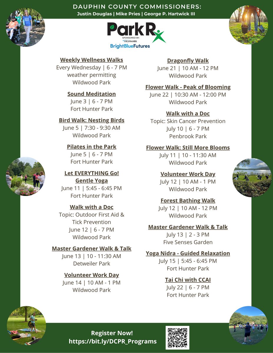 What's on your schedule for wellness this week? We've got lots of options just waiting for YOU!

Website Calendar: bit.ly/DCPR_Events_Ca…
Choose the pink Park Rx icon to see all the Park Rx programs and register to try something new!

Park Rx sponsored by <a href="/Highmark_BS/">Highmark Blue Shield</a>