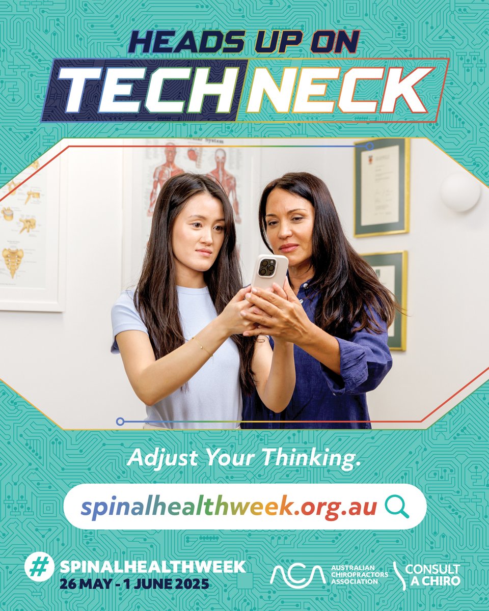 📱Tech a pain in the neck? It’s not the tech; it’s how it's used! #AdjustYourThinking 
✅ Sit upright
✅ Stretch &amp; move often
✅ Screen at eye level
✅ Use ergonomic setup
Join the #SpinalHealthWeek Movement (26 May–1 June) &amp; get the #HeadsUpOnTechNeck 👉 spinalhealthweek.org.au