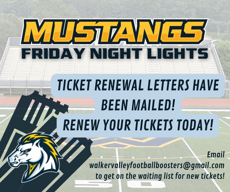 Walker Valley FB (@valley_fb) on Twitter photo It’s almost football time… it’s time to get your tickets for FRIDAY NIGHT LIGHTS.
Reserved seat renewal letters have been sent. Please renew your tickets for the 2025 season or contact us by JUNE 27th!
walkervalleyfootballboosters@gmail.com It’s almost football time… it’s time to get your tickets for FRIDAY NIGHT LIGHTS.
Reserved seat renewal letters have been sent. Please renew your tickets for the 2025 season or contact us by JUNE 27th!
walkervalleyfootballboosters@gmail.com