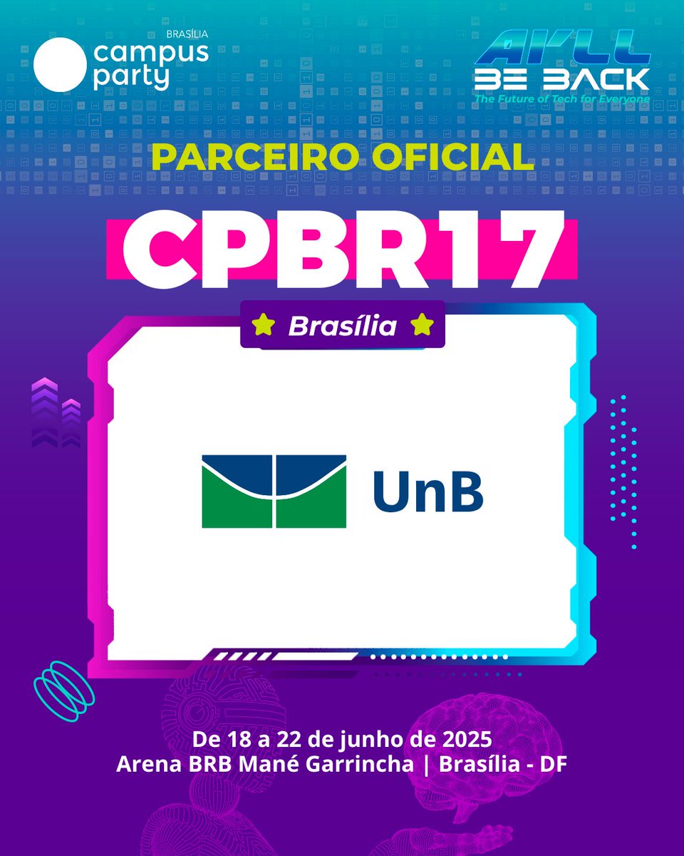 🎓A #CPBR17 está ainda mais conectada à educação com esses grandes parceiros! A UnB - Universidade de Brasília , a Faculdade Senac DF, o IDP - Instituto Brasileiro de Ensino, Desenvolvimento e Pesquisa e a FIAP + Alura se unem à Campus Party nesta edição. bit.ly/CPBR17