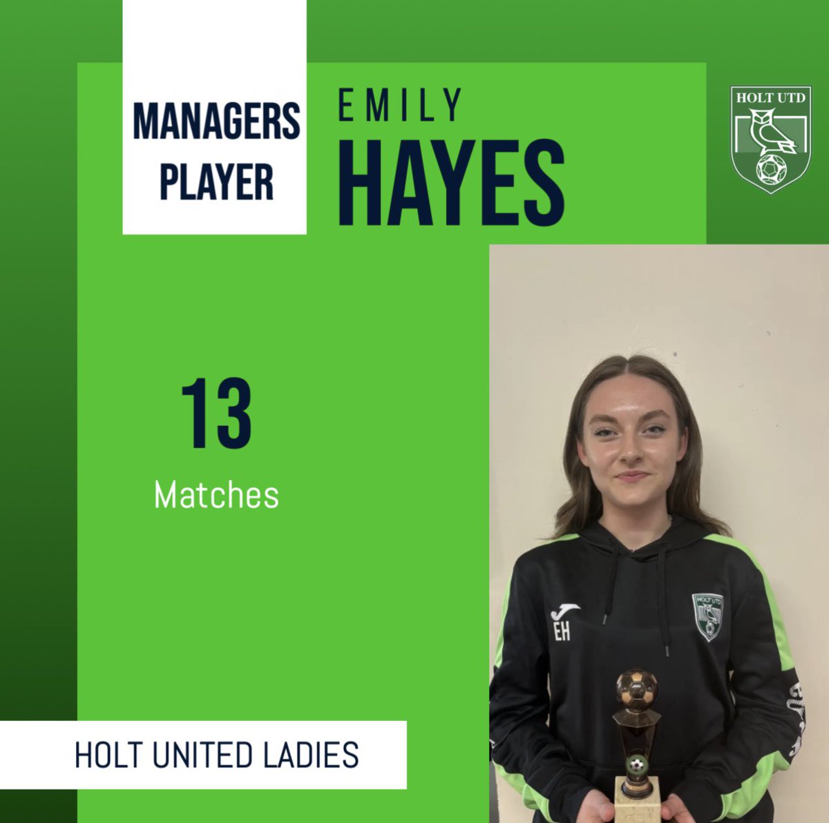 🚨MANAGERS PLAYER🚨
This award goes to Emily, it would be scary to see how many miles Em must run on a football pitch!! She works tirelessly for the team every week, supporting not only in attack but also in defence!! Fully deserved!! Well done and thank you Em!!