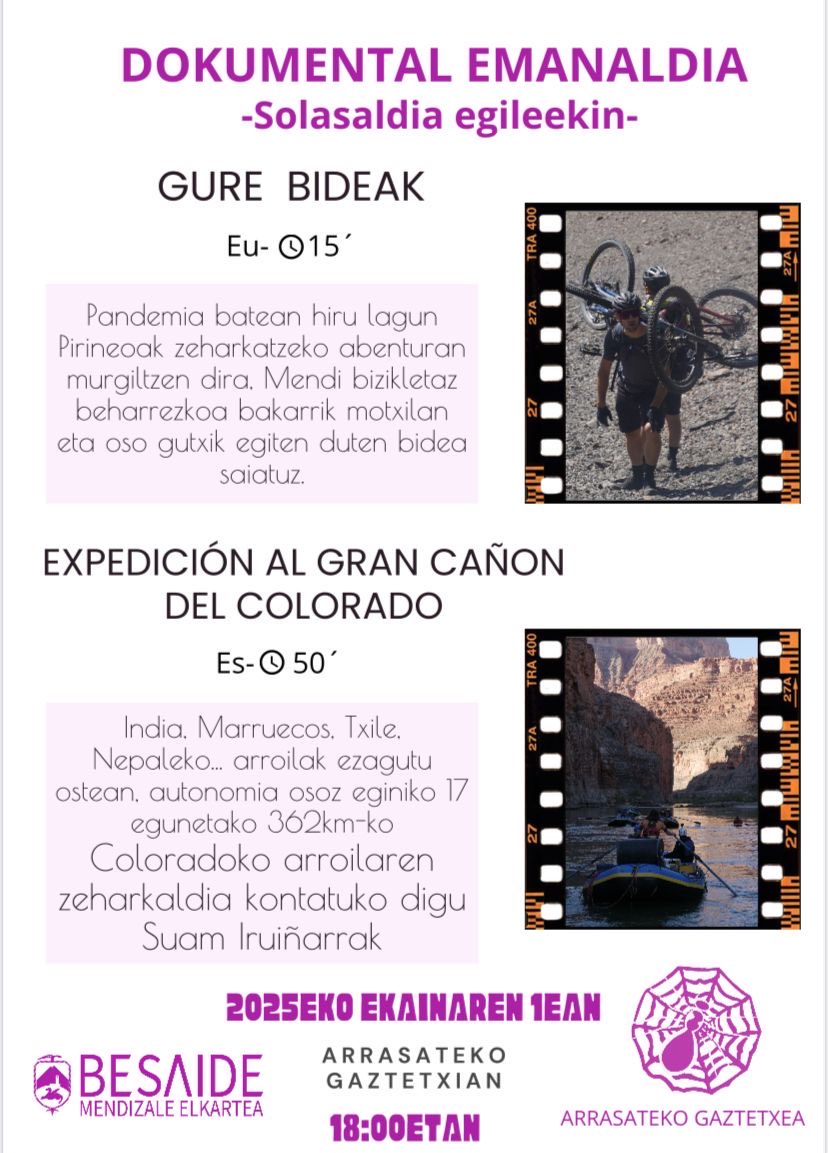 DOKUMENTAL EMANALDIA]

Igande honetan <a href="/BesaideME/">Besaide M. E.</a>|ak antolatuta "Gure Bideak" eta "Expedición al gran cañon del Colorado" dokumentalak proiektatuko dira gurean. 

Hurbildu!