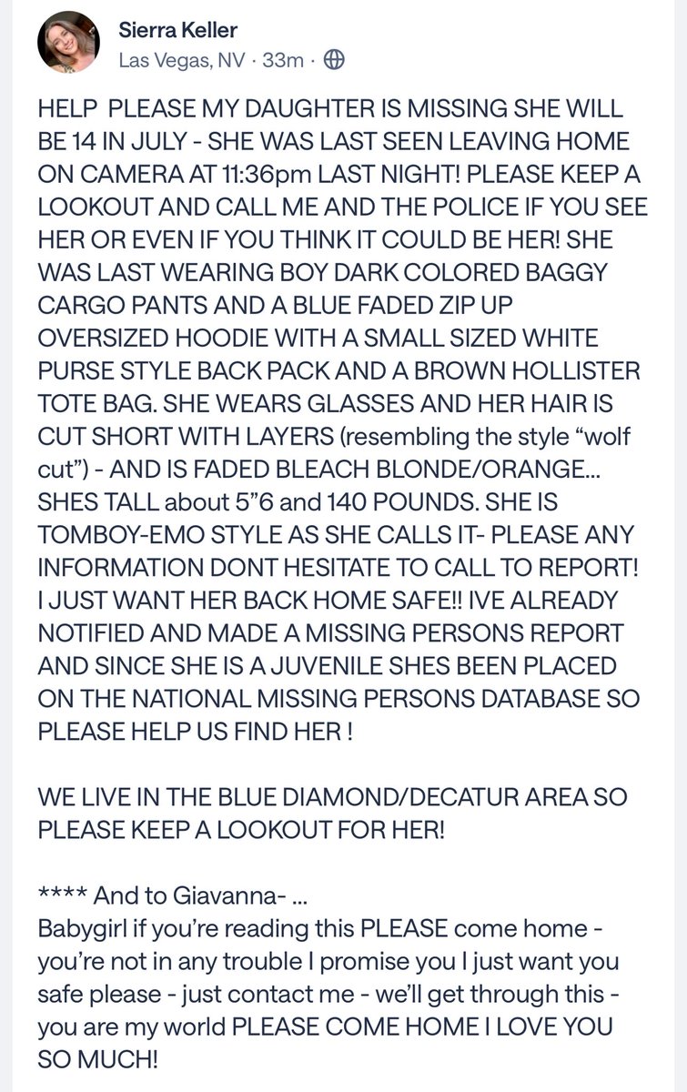 DocGrace's tweet photo. The unimaginable has happened 

My granddaughter is missing. She lives in #LasVegas and was seen leaving her moms home at 1130 pm 29 May. 

Her phone is off. #LVMPD have opened the file but dear God, if anyone has any information, pls contact me and LVMPD asap. 

We are desperate. She’s tall, approx 5’6”, 125. This is a recent photo of her. 

Her name is Gia. 

Thank you so much for your prayers and for any information. #Pray #Nevada