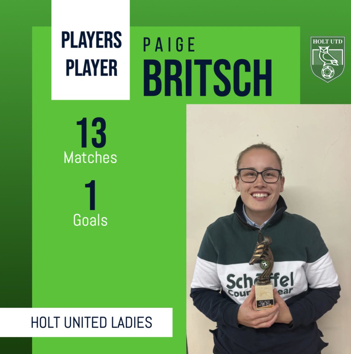 🚨PLAYERS PLAYER🚨 
Her first season in ladies football for over 10 years and it’s fair to say, you wouldn’t have been able to tell. Even though she wasn’t sure at times she gave it her all every week!! Making some incredible challenges!! Thank you and well done Paige!!
