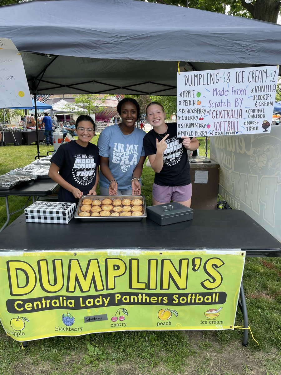 DUMPLINGS FOR SALE!!! $8 dumplings, $2 to add ice cream up at the Centralia Anchor Fest this weekend ONLY! 

Made from scratch by CHS Softball Team! Fruit Dumplings: Apple, Peach, Blueberry, Blackberry, Cherry, Strawberry, and Mixed Berry with 4 flavors of ice cream available!
