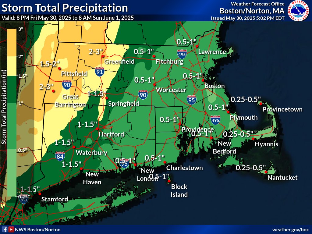 🌧️⛈️ Heads up! Showers &amp; t-storms expected late tonight into Sat AM. Potential for heavy rainfall &amp; street flooding, especially western MA/CT. Localized 3-4" amounts possible in spots, with some areas seeing less than an inch #MAwx #CTwx #RIwx