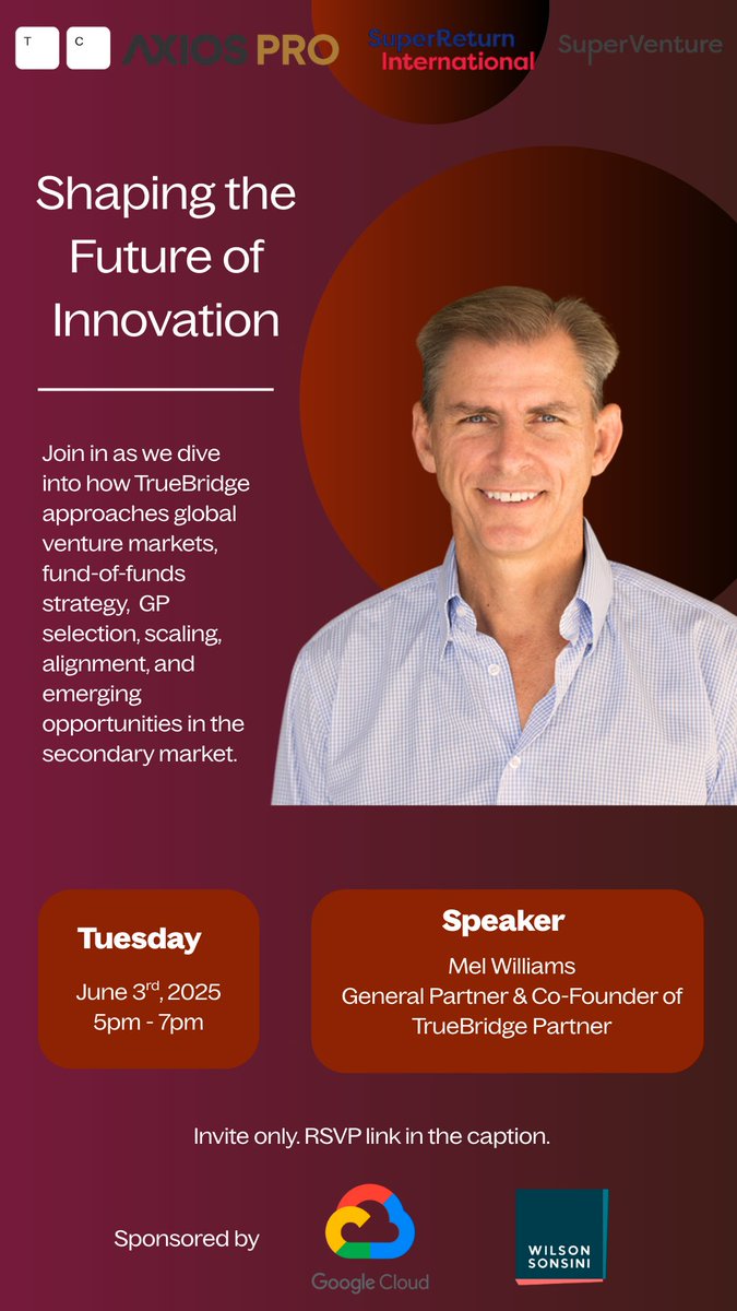 TrueBridge Capital (@truebridgecp) on Twitter photo Excited to share that our Co-founder & GP, Mel Williams, will be speaking at Shaping the Future of Innovation hosted by <a href="/typecapital/">Type Capital</a> and <a href="/axios/">Axios</a> during <a href="/SuperReturn/">SuperReturn</a> in Berlin! RSVP to join: lu.ma/h9m9rx8m Excited to share that our Co-founder & GP, Mel Williams, will be speaking at Shaping the Future of Innovation hosted by <a href="/typecapital/">Type Capital</a> and <a href="/axios/">Axios</a> during <a href="/SuperReturn/">SuperReturn</a> in Berlin! RSVP to join: lu.ma/h9m9rx8m