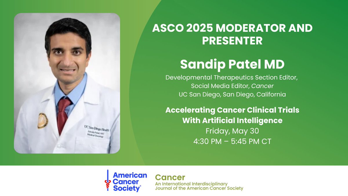ACS Journal Cancer (@journalcancer) on Twitter photo Don't miss Dr. Sandip Patel as he leads the upcoming #ASCO25 Education Session on how AI can improve cancer trial design, diversity, and recruitment 🧠📊
Revisit past work from <a href="/PatelOncology/">Sandip Patel MD FASCO</a> on equity in clinical research:
acsjournals.onlinelibrary.wiley.com/doi/10.1002/cn…
<a href="/OncoAlert/">OncoAlert</a> Don't miss Dr. Sandip Patel as he leads the upcoming #ASCO25 Education Session on how AI can improve cancer trial design, diversity, and recruitment 🧠📊
Revisit past work from <a href="/PatelOncology/">Sandip Patel MD FASCO</a> on equity in clinical research:
acsjournals.onlinelibrary.wiley.com/doi/10.1002/cn…
<a href="/OncoAlert/">OncoAlert</a>