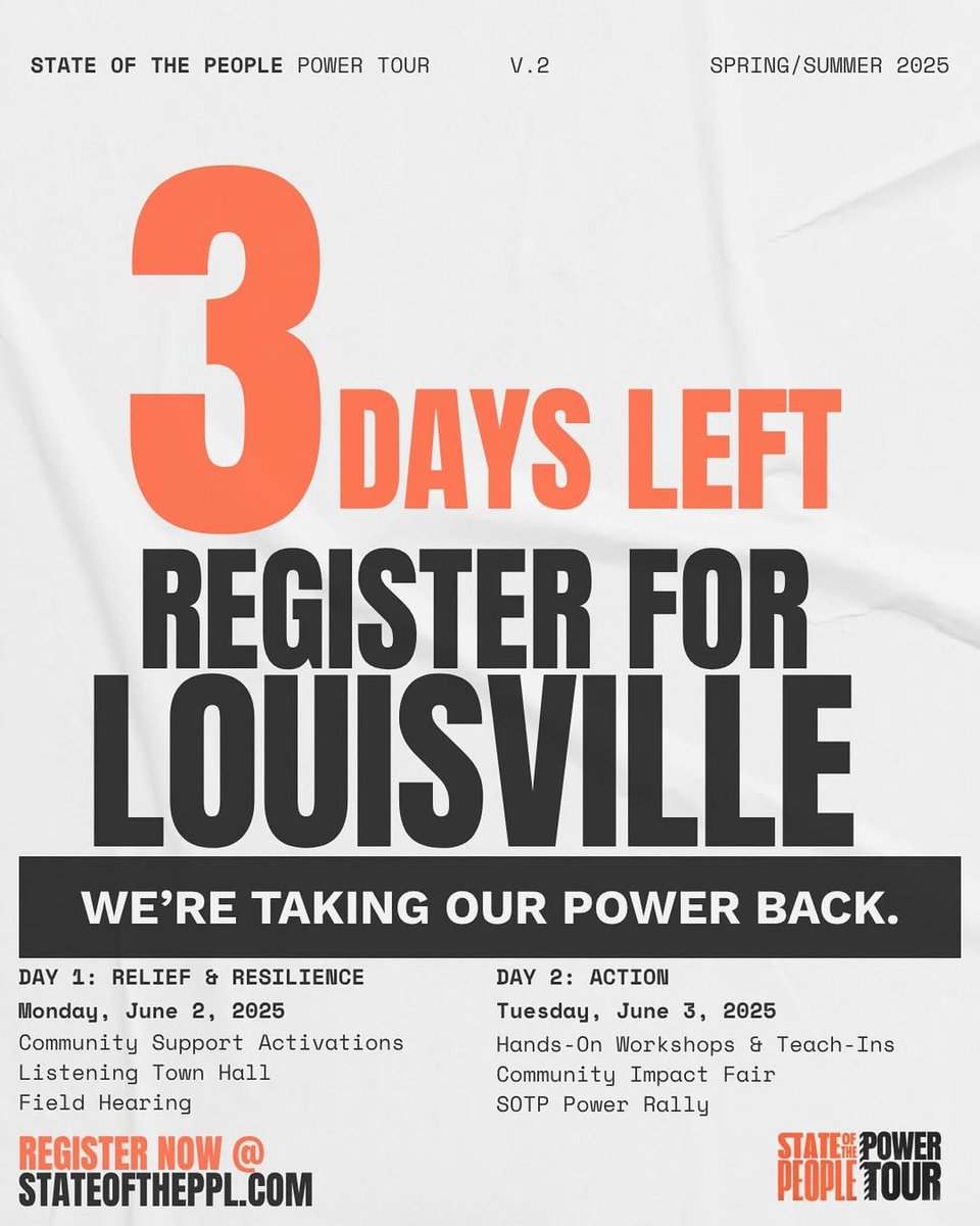 Louisville, it’s your turn to rise.
In just 3 days, the State of the People Power Tour touches down — and we’re not just showing up, we’re shifting power.

Register now at stateoftheppl.com — this is the moment. Don’t miss it.

#StateOfThePeople #PowerTour2025