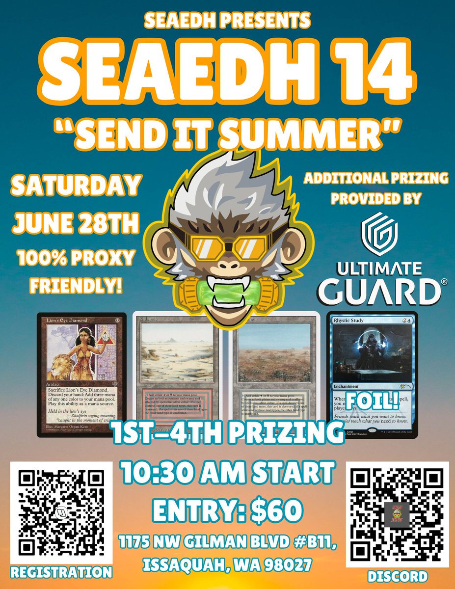 Sea_EDH's tweet photo. 🚨SeaEDH TOURNAMENT ANNOUNCEMENT!🚨

Welcome to SeaEDH 14 "Send It Summer"

HUGE shoutout to our friends at @UltimateGuard as well for providing additional prize support!

Registration for this event can be found here: https://t.co/xzoOibdP6w

We hope to see you there! #MTG #cEDH https://t.co/oTlB4qRHVS