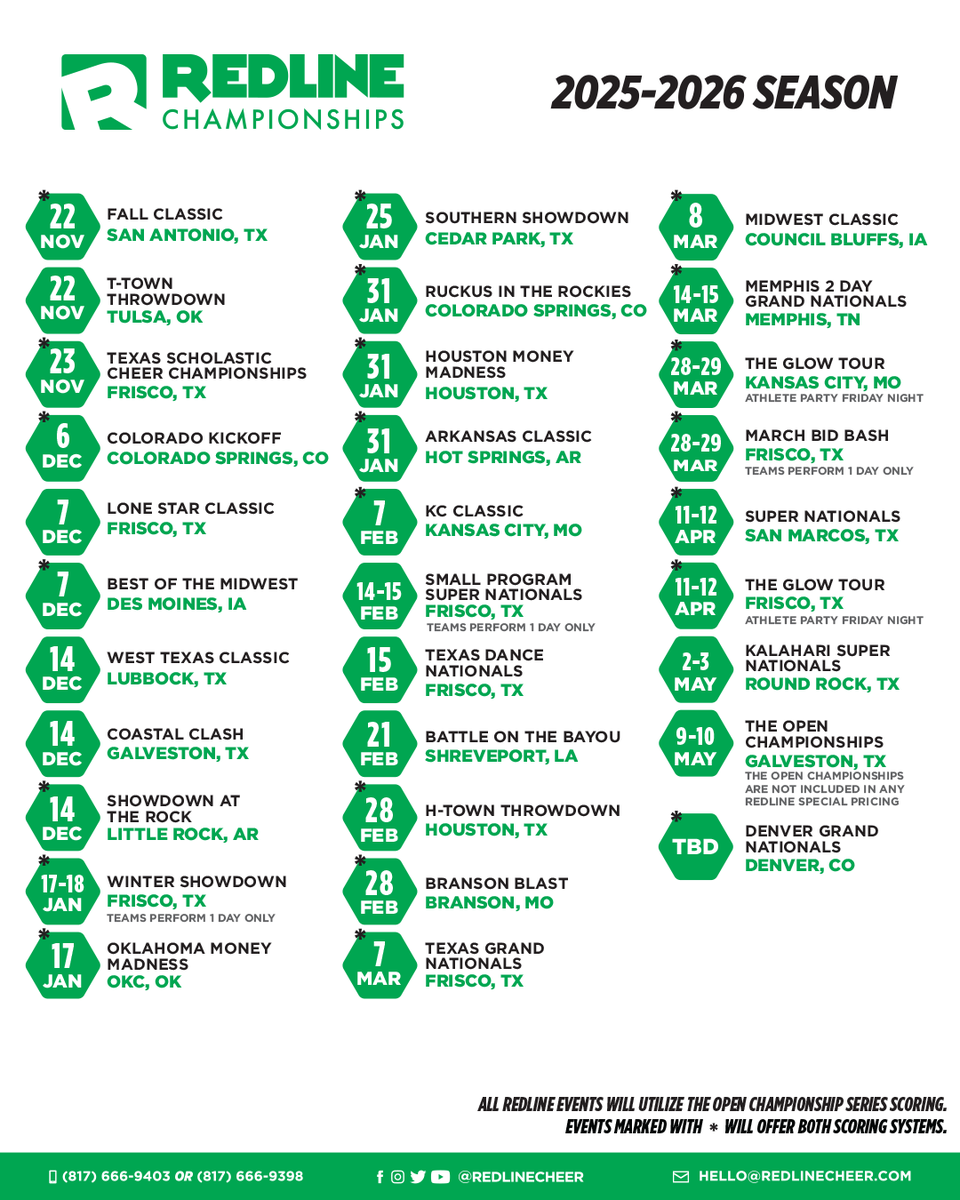 It's the perfect time to plan your cheer competition season! From early season kickoffs to our amazing end-of-season events, we've got over 30 competitions ready to showcase your teams' talent. Start planning your perfect season at redlinecheer.com/events! 
 
#RedlineCheer