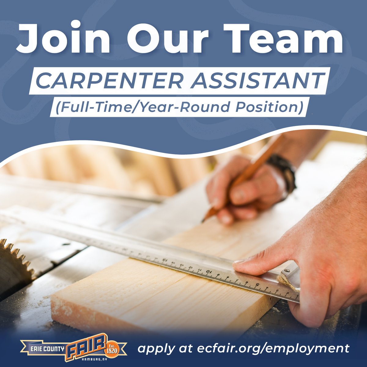 Join Our Team at the Hamburg Fairgrounds and Erie County Fair! The Erie County Agricultural Society is looking for dedicated individuals to join our Maintenance Team as a full-time/ year-round Carpenter Assistant!

If you’re hardworking, enjoy hands-on work, and take pride in