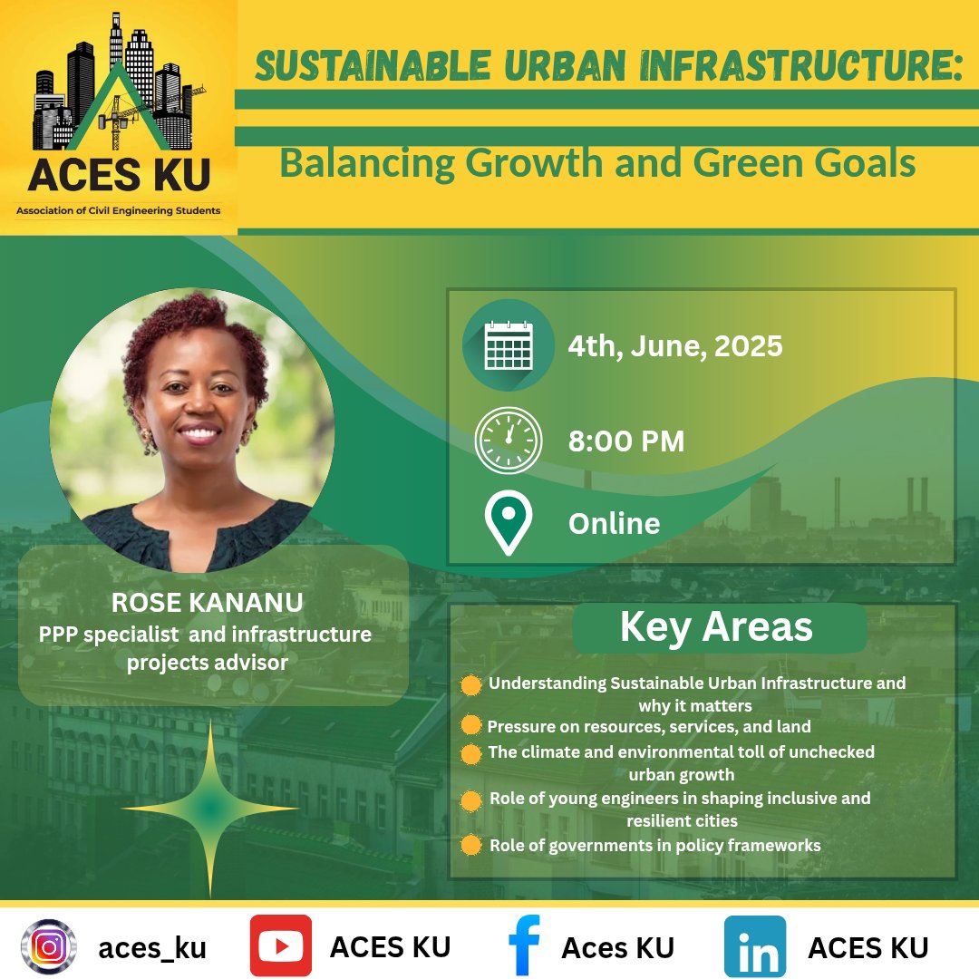 🌿 SUSTAINABLE URBAN INFRASTRUCTURE: BALANCING GROWTH AND GREEN GOALS 🌍  
📅 Wednesday, 4th June
🕗 8:00 PM  (Nairobi time)
💻 Join here: meet.google.com/esv-ctdx-ckq

With the amazing Rose Kananu (PPP specialist &amp; infrastructure projects advisor 🧙🏽‍♀️)

 #ACESKU
🌱🌍