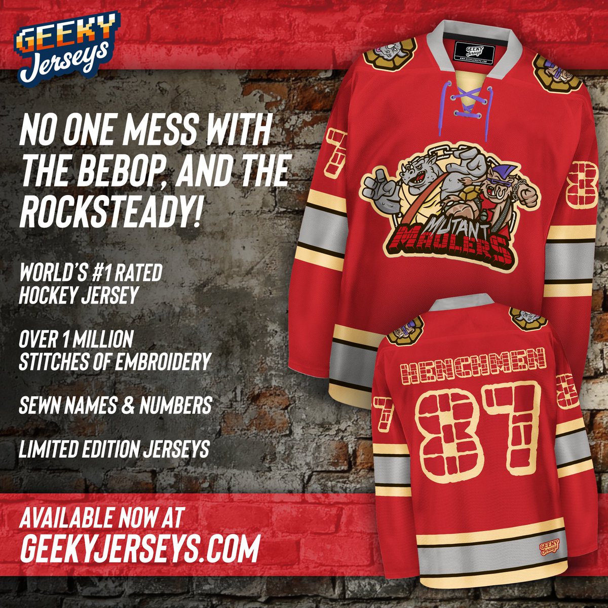 Tonight we dine on toitle soup 🐢🍲
Only a few left, and they're going quickly. 
Get yours now!
#tmnt #teenagemutantninjaturtles #turtlesoup #bebopandrocksteady #hockeyjersey #hockey #nhlplayoffs #80stoys ##80scartoons