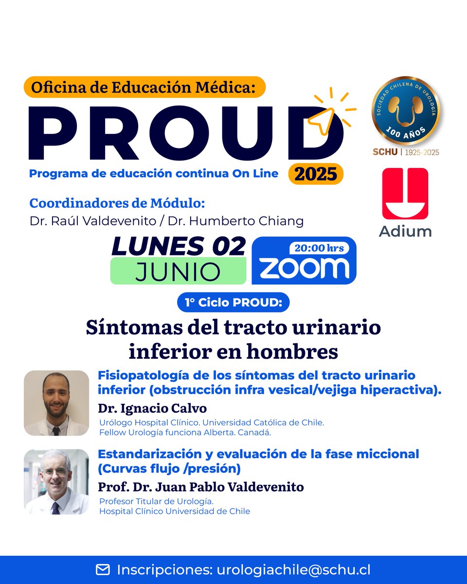 Sociedad Chilena de Urología (@urolchi) on Twitter photo 👌Este lunes 2 de junio comienza el primer ciclo del Programa de Educación Continua On Line, PROUD 2025.
El tema que se abordará es 👉 Síntomas del tracto urinario inferior en hombres.
Recuerden inscribirse en el siguiente correo: urologiachile@schu.cl 👌Este lunes 2 de junio comienza el primer ciclo del Programa de Educación Continua On Line, PROUD 2025.
El tema que se abordará es 👉 Síntomas del tracto urinario inferior en hombres.
Recuerden inscribirse en el siguiente correo: urologiachile@schu.cl