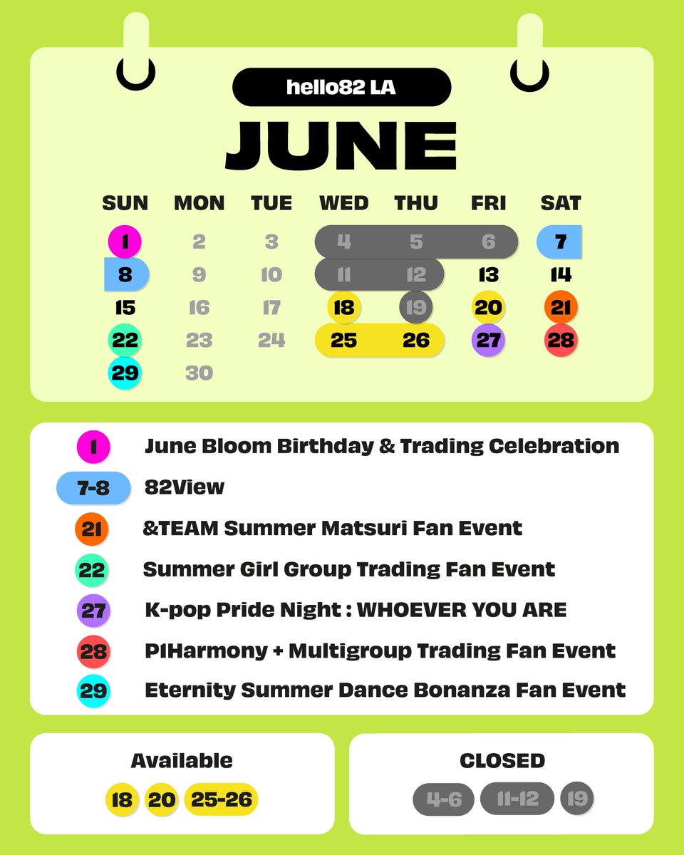 📆 JUNE CALENDAR 📆 

Reservation form is still open to host an event at hello82 LA in June, submit an application on our reservation form link below or through the hello82 APP! ⬇️
🔗 forms.gle/hFY5KhtPyTG4Eg…

6/1
June Bloom Birthday &amp; Trading Celebration

6/7 - 6/8
82View

6/21