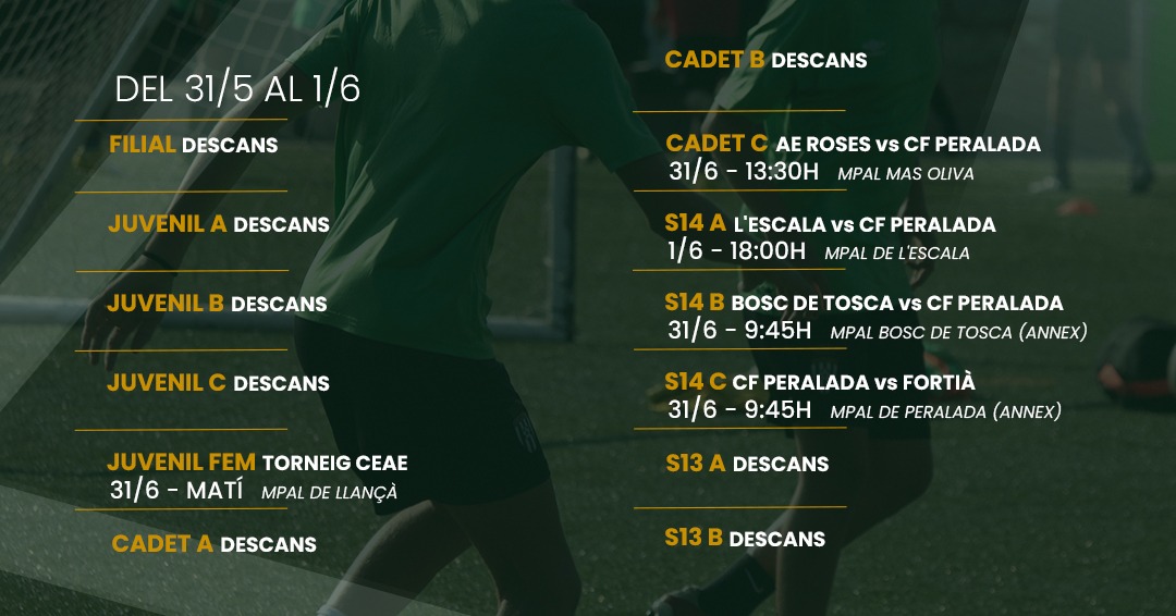 📆 𝗛𝗢𝗥𝗔𝗥𝗜𝗦 𝗔𝗖𝗔𝗗𝗘̀𝗠𝗜𝗔 📆

Aquí estan els horaris del 31/5 al 1/6

🏟️ 4 partits com a local

🚌 13 partits com a visitant

TOTHOM AL CAMP!!! 🤍💚

#somperalada