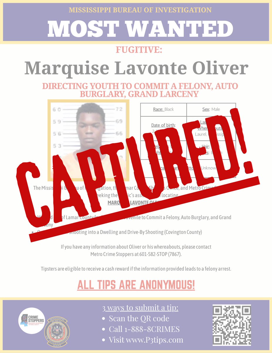 🚨Another one in custody!

Marquise Lavonte Oliver, wanted for grand larceny, auto burglary, and directing youth to commit a felony, has been apprehended.

This marks another success from our recent re-launch of our MS Most Wanted list.

Great work &amp; thank you to all involved! 💪