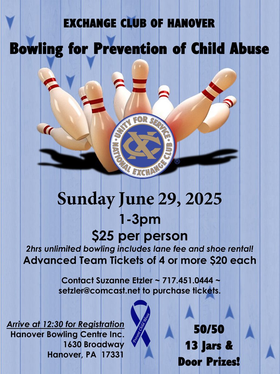 XCHanover's tweet photo. The Exchange Club of Hanover is Sponsoring a Bowling Fundraiser on Sunday, June 29th to raise money for its Child Abuse Prevention Efforts.  See Flyer for Details. https://t.co/VsjH57iJYJ