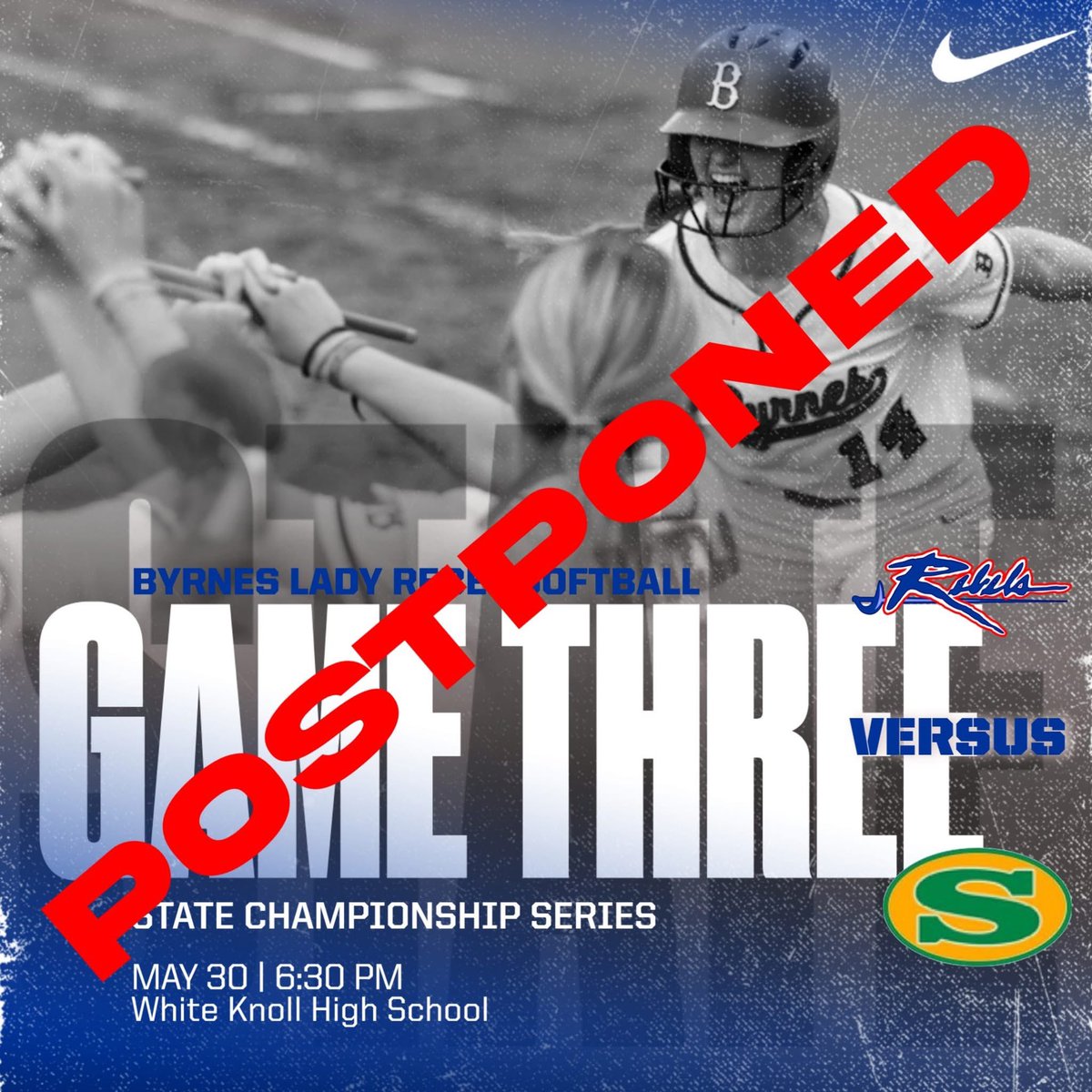 Spartanburg District Five Schools (@spartanburgd5) on Twitter photo 🚨CHANGE OF PLANS🚨 <a href="/Byrnes_Softball/">Byrnes Softball</a> will now play championship game TOMORROW, May 31, at 12:00 pm at White Knoll High School 🥎 Let’s go Lady Rebels! 💍💙 #YellR 🚨CHANGE OF PLANS🚨 <a href="/Byrnes_Softball/">Byrnes Softball</a> will now play championship game TOMORROW, May 31, at 12:00 pm at White Knoll High School 🥎 Let’s go Lady Rebels! 💍💙 #YellR