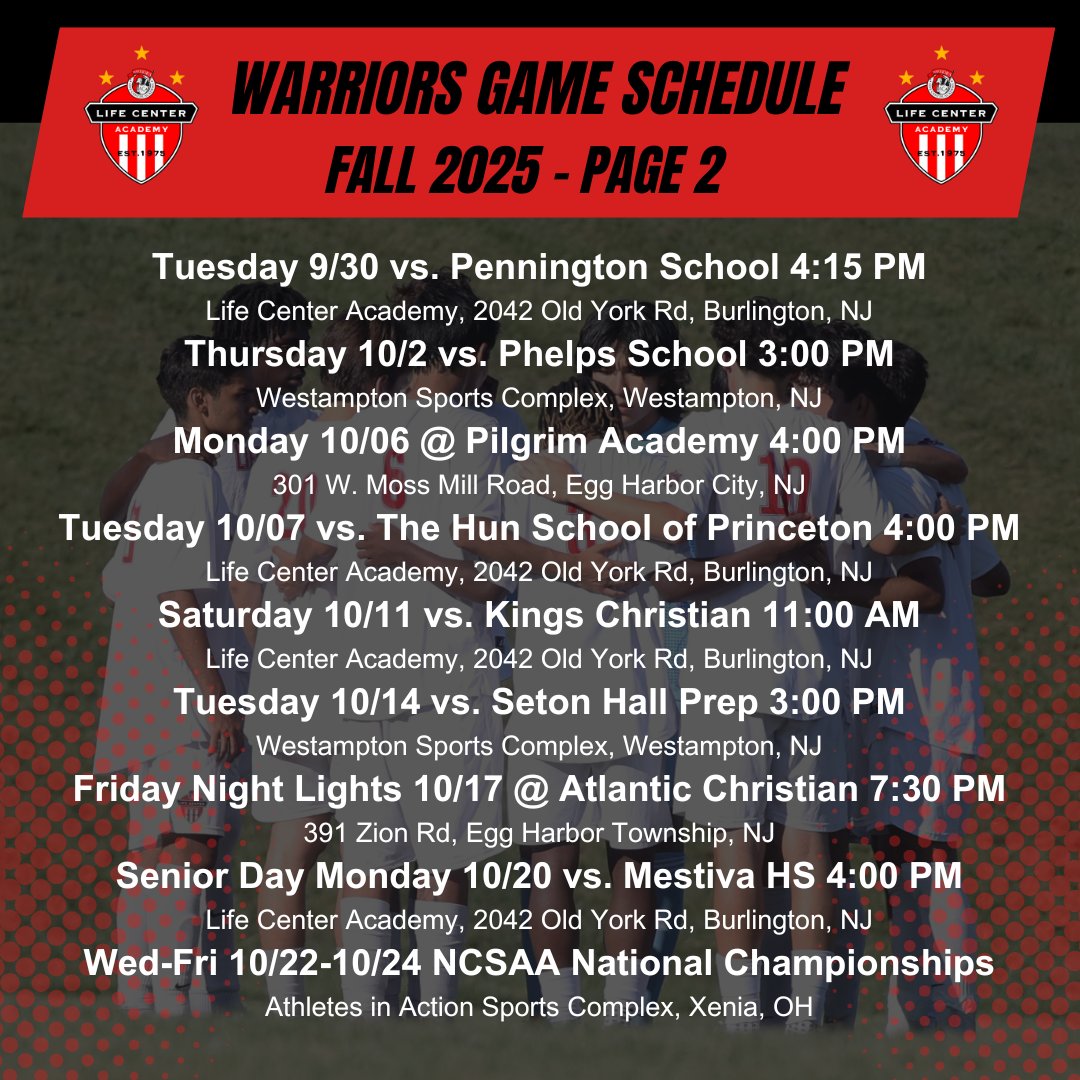 Warrior 2025 Game Schedule
🔥 🔥 🔥 🔥 
Don't miss these
🛡 vs St Benedict's Prep 
🛡 vs Pennington 
🛡 vs Seton Hall Prep
🛡 vs Phelps
🛡 vs Hun
🛡 vs Haverford
🛡 vs Roman Catholic 
🛡 vs Devon Prep
And more
<a href="/hsscanj/">HSSCANJ</a> <a href="/PrepSoccer/">Prep Soccer ⚽️</a> <a href="/djanezic9/">David Janezic</a> <a href="/DelawareMSOC/">Delaware Men's Soccer</a> <a href="/HSSportsNJ/">NJ.com HS Sports</a> <a href="/HFUMSoccer/">Holy Family Men's Soccer</a>