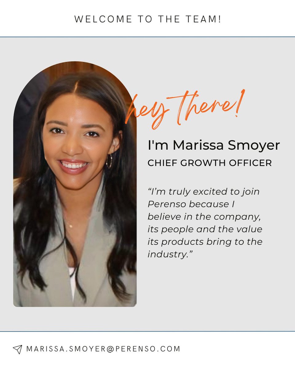 Marissa Smoyer brings over 8 years of B2B marketing and events experience, with a strong background in the grocery industry. She is excited to join the team and contribute to its continued growth and innovation!

#NewEmployee #MeetTheTeam #ChiefGrowthOfficer #Perenso #SellBetter