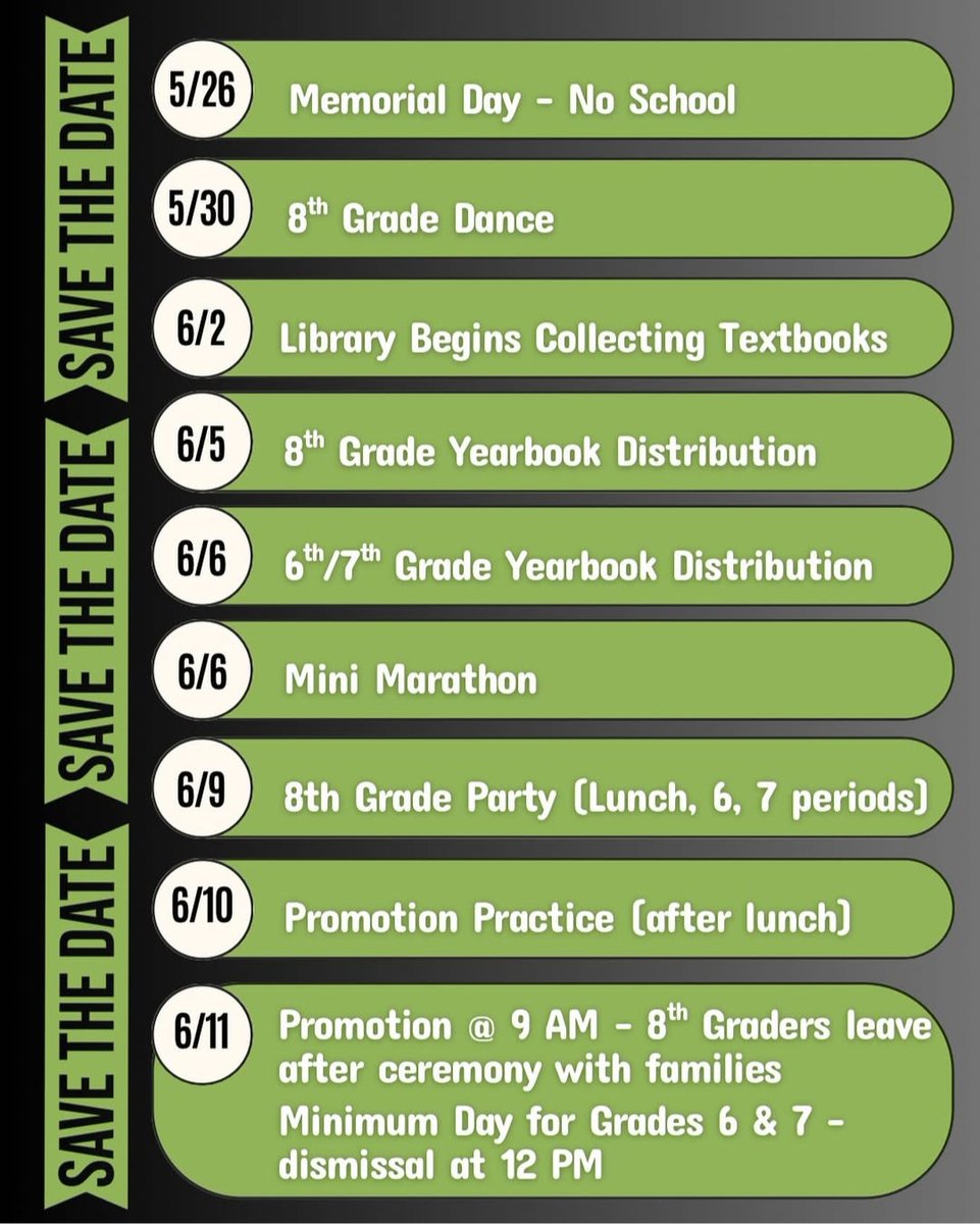 #SanElijoMS News
6/2-30: #SMUSD Residency Verification
6/2-5: Return Math textbook
6/5: Gr 8 return Chromebook via elective
--Gr 6 Olympics via History &amp; Science
--Dine Out @ Raising Cane's &amp; Handel's 2-10p
YEARBOOKS @ lunch--Gr 8: 6/5 &amp; Gr 6-7: 6/6
6/6: Rock n Run Mini Marathon