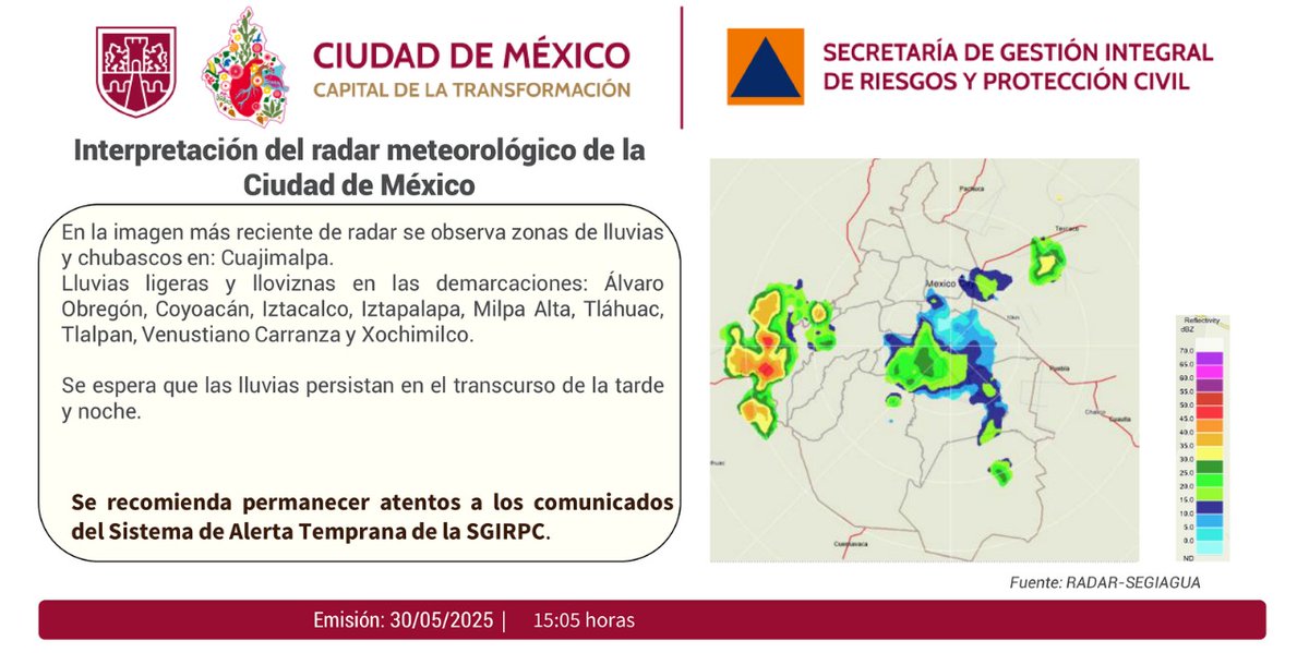 SGIRPC_CDMX's tweet photo. Al momento, se observan zonas de #lluvias y #chubascos en: @cuajimalpa_gob. Lluvias ligeras y lloviznas en: @AlcaldiaAO, @Alcaldia_Coy, @IztacalcoAl, @Alc_Iztapalapa, @GobMilpaAlta, @TlahuacRenace, @A_VCarranza y @XochimilcoAl. Mantente informado. #PronósticoDelTiempo #LaPrevenciónEsNuestraFuerza
