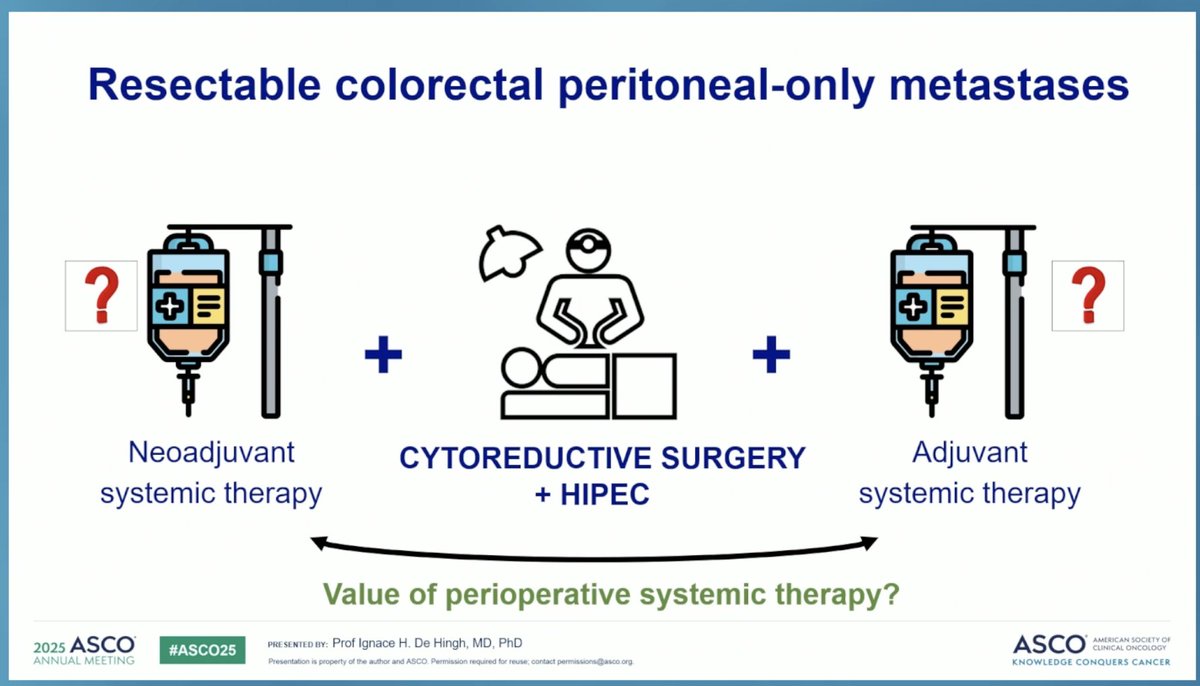 Arndt Vogel (@arndtvogel) on Twitter photo Perioperative systemic therapy for resectable colorectal peritoneal metastases
#ASCO25
🔎 CAIRO-6 phs 3 trial
👉mPFS 14 vs 7 mo
👉mDFs 12 vs 7 mo
👉mOS 44 vs 39 mo
🧐 No OS benefit in IIT, but better OS in synchronous right-sided tumors
<a href="/myESMO/">ESMO - Eur. Oncology</a> Perioperative systemic therapy for resectable colorectal peritoneal metastases
#ASCO25
🔎 CAIRO-6 phs 3 trial
👉mPFS 14 vs 7 mo
👉mDFs 12 vs 7 mo
👉mOS 44 vs 39 mo
🧐 No OS benefit in IIT, but better OS in synchronous right-sided tumors
<a href="/myESMO/">ESMO - Eur. Oncology</a>