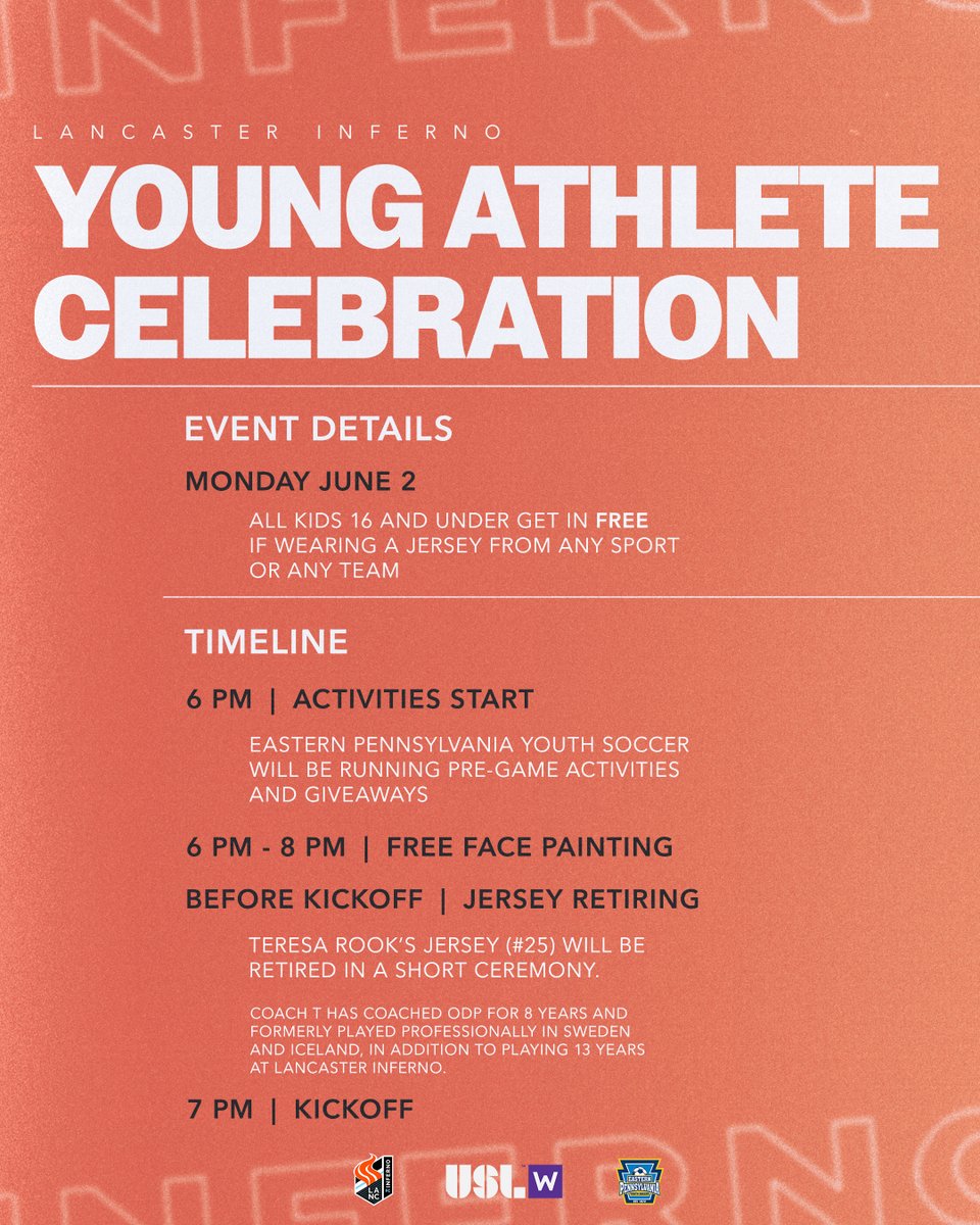 Join us Monday, June 2 for @lancinferno’s Home Opener and Young Athlete Celebration 🎉

⚽️ Activities + giveaways start at 6 P.M.
🎨 Free face painting (6–8 P.M.)
🎽 Kids 16 &amp; under wearing any team jersey = FREE admission

Get 🎟️ at lancasterinferno.com!