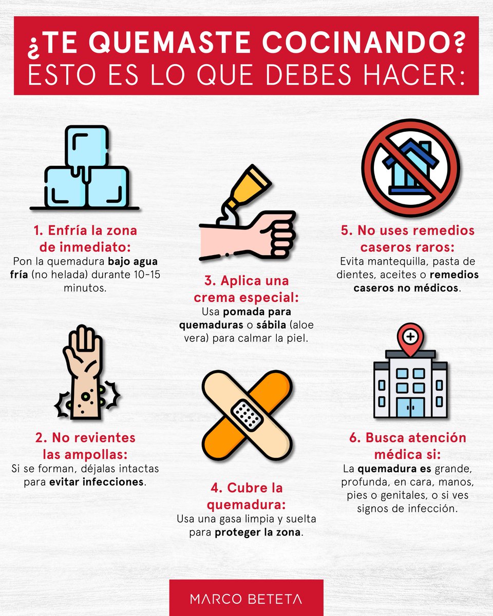 ¿Te quemaste cocinando? 🔥 Antes de entrar en pánico o aplicar remedios caseros, esto es lo que realmente debes hacer.

12 tips básicos de cocina que cambiarán tu vida: mbmarcobeteta.com/tips-cocina-ba…

#MarcoBeteta #ComunidadMB