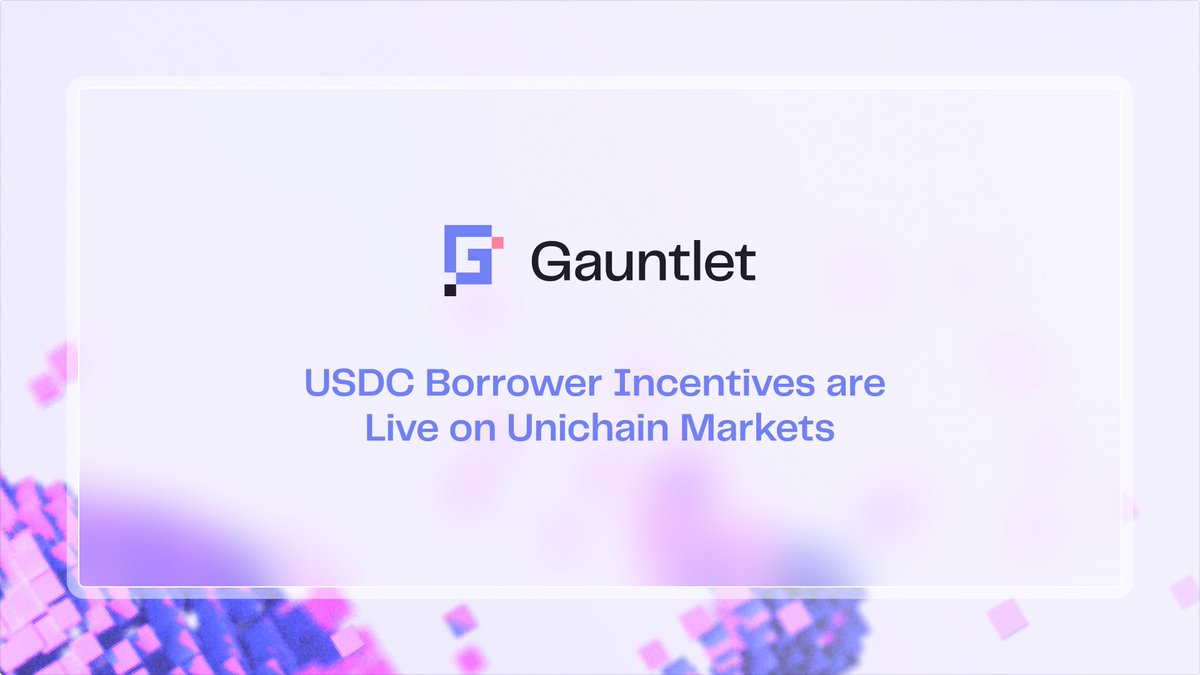 Gauntlet (@gauntlet_xyz) on Twitter photo USDC incentives on <a href="/unichain/">Unichain</a> are live. Over $200K in incentives are now available across borrowing markets on @venusprotocol, <a href="/eulerfinance/">Euler Labs</a>, and <a href="/compoundfinance/">Compound Labs</a> for the next month. USDC incentives on <a href="/unichain/">Unichain</a> are live. Over $200K in incentives are now available across borrowing markets on @venusprotocol, <a href="/eulerfinance/">Euler Labs</a>, and <a href="/compoundfinance/">Compound Labs</a> for the next month.