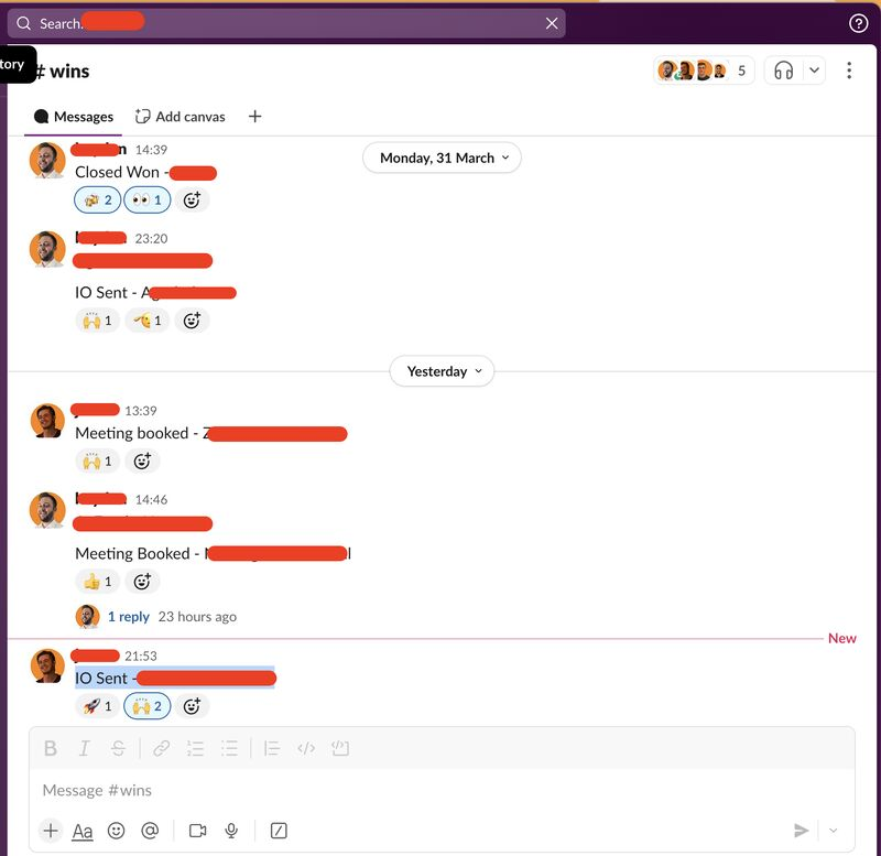 A #wins <a href="/SlackHQ/">Slack</a> channel is the 2025 version of a sales gong 🔔

Celebrate the small wins (and the big ones)